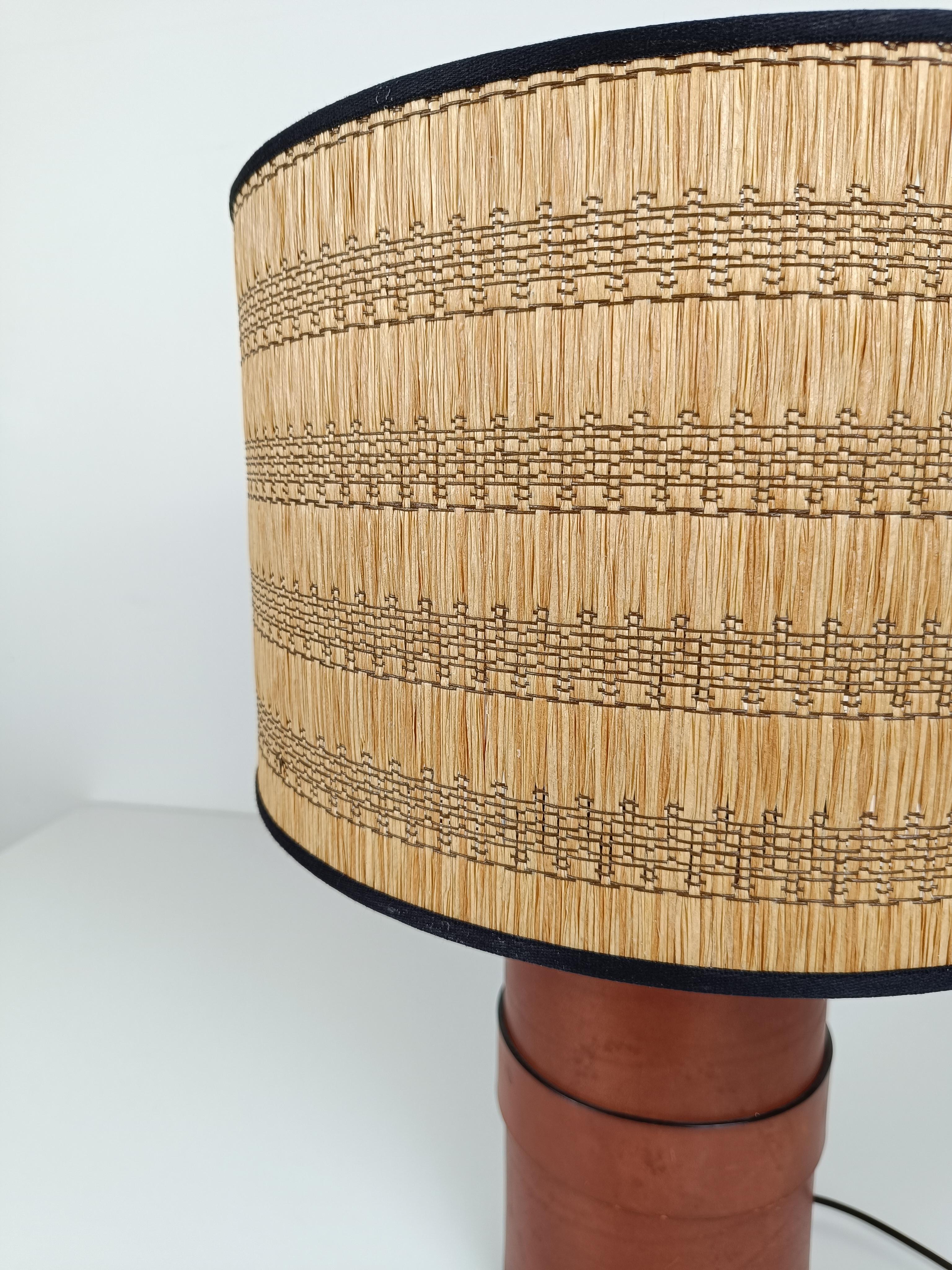 Italian Leather Table Lamp with Wicker Shade in the style of Jacques  Adnet, 70s 1