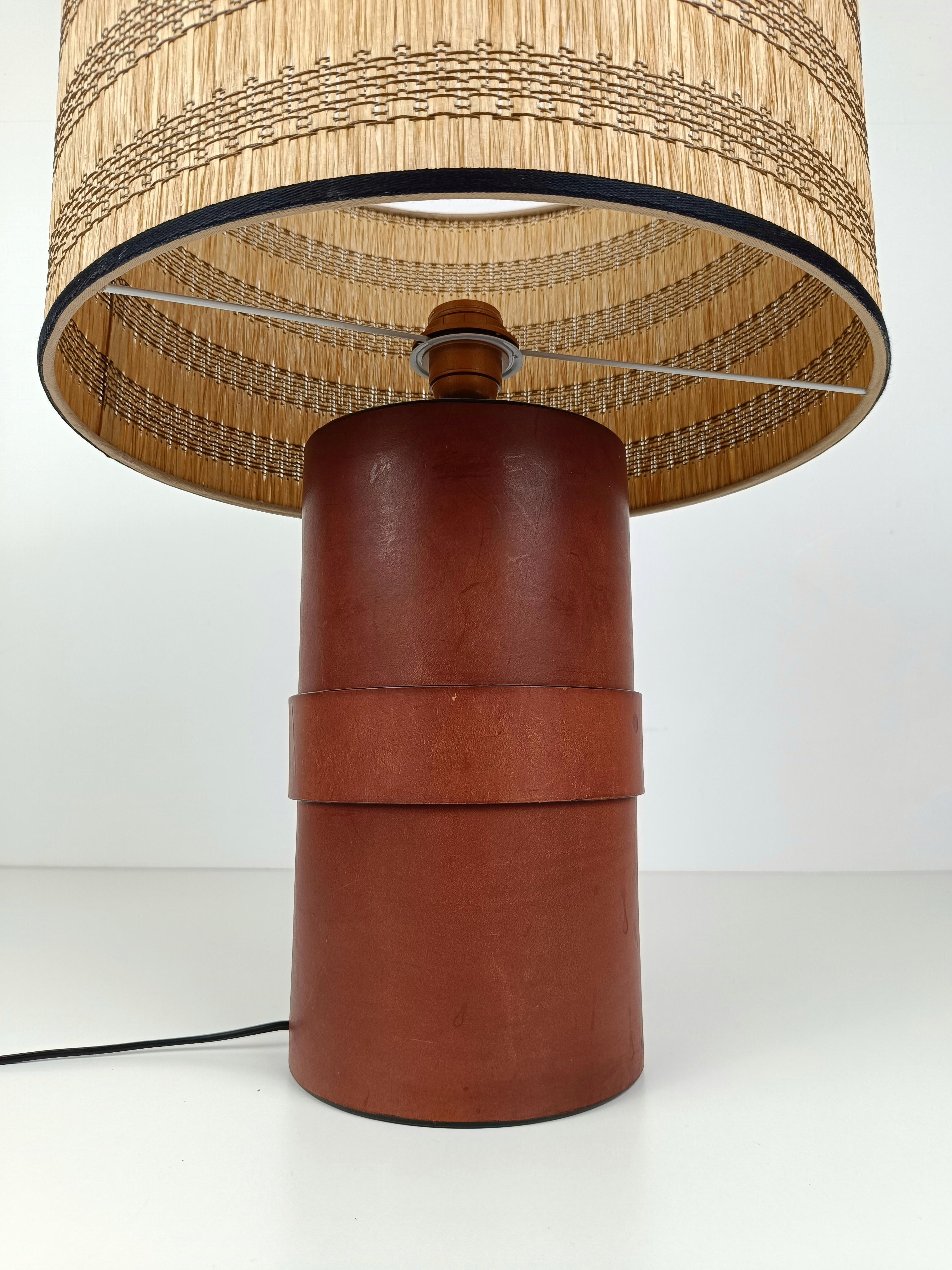 Italian Leather Table Lamp with Wicker Shade in the style of Jacques  Adnet, 70s 2