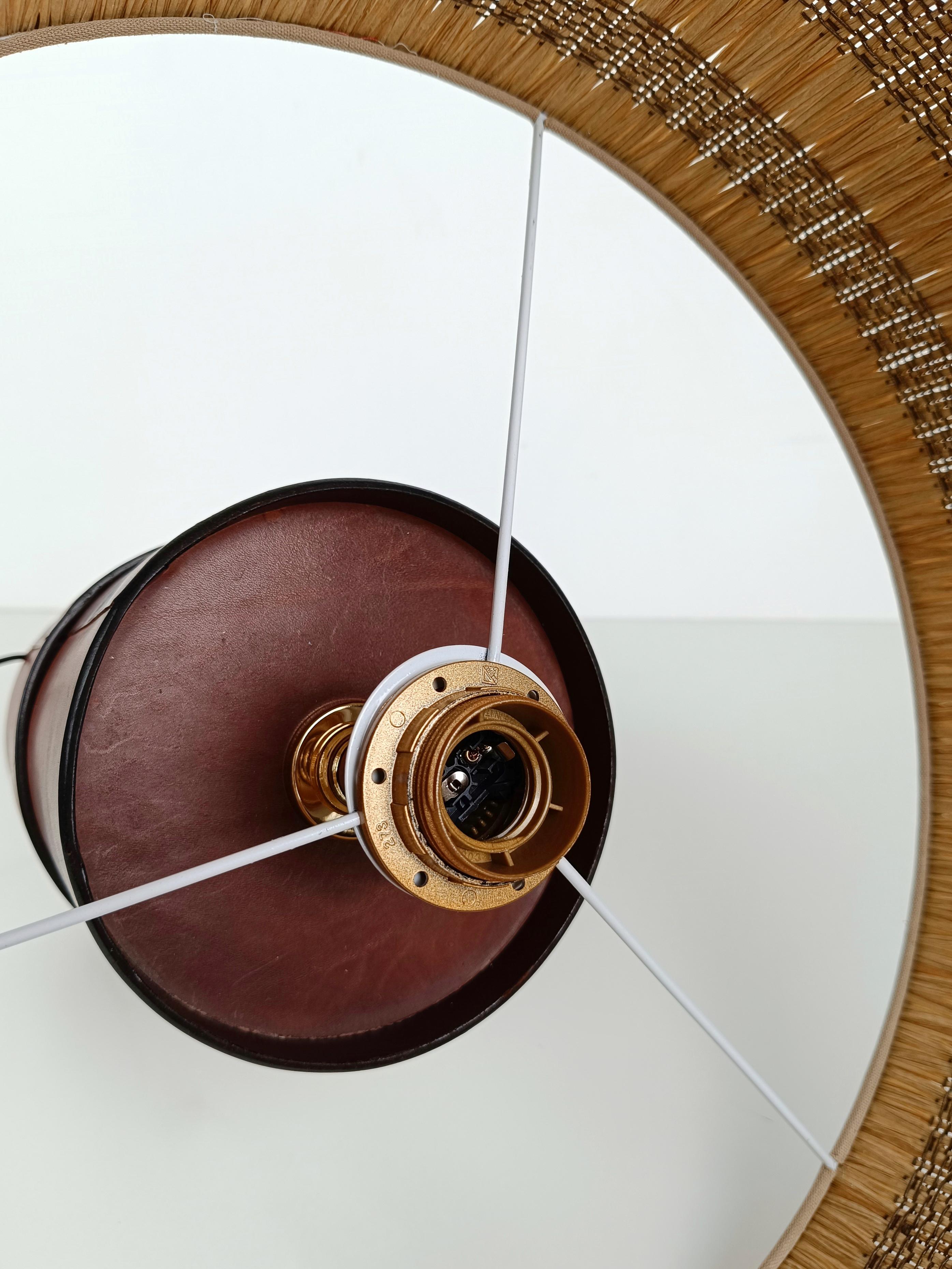 Italian Leather Table Lamp with Wicker Shade in the style of Jacques  Adnet, 70s 3