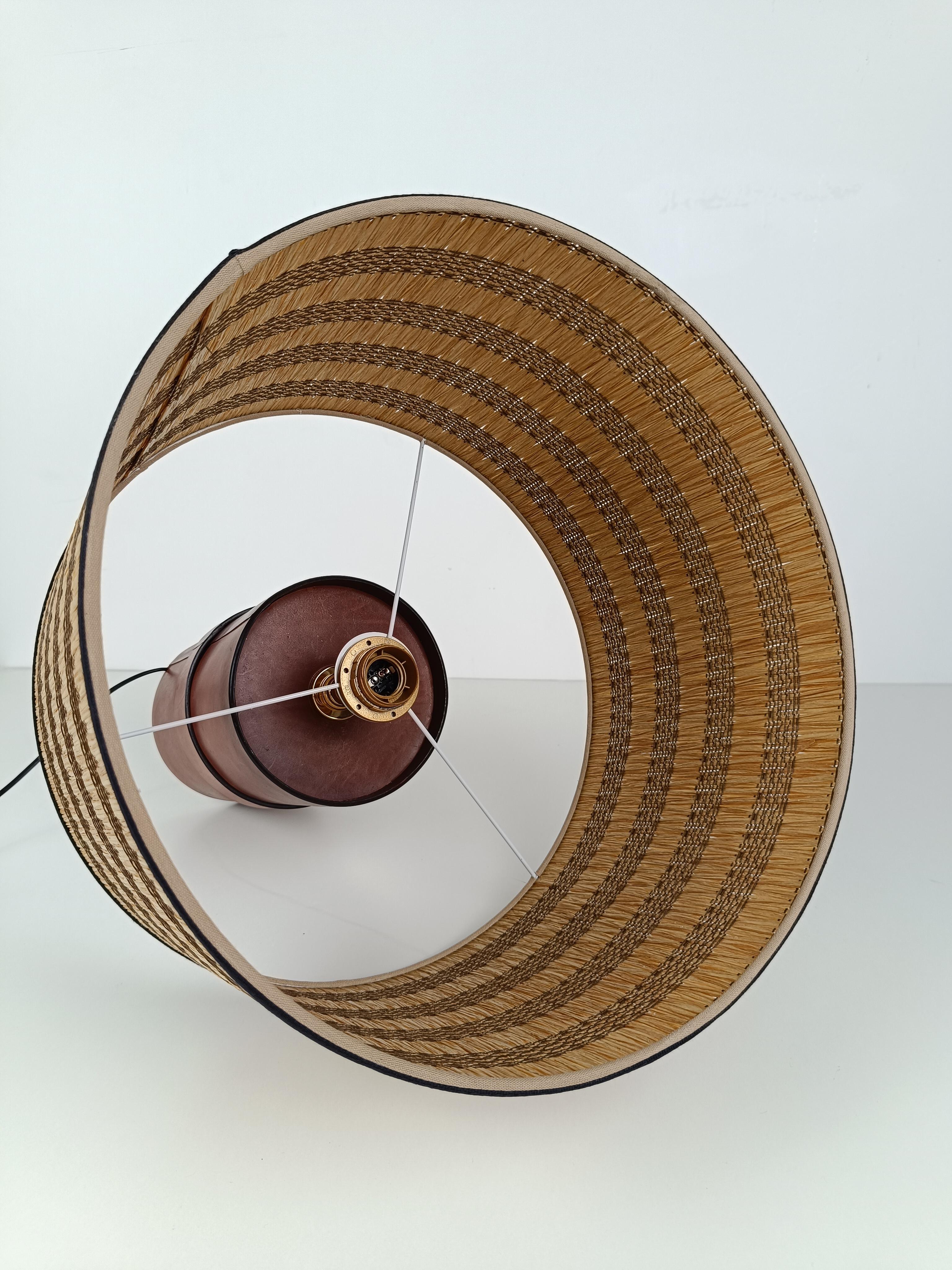 Italian Leather Table Lamp with Wicker Shade in the style of Jacques  Adnet, 70s 4