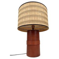 Italian Leather Table Lamp with Wicker Shade in the style of Jacques  Adnet, 70s