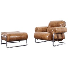 Italian Leather "Tucroma" Lounge Chair and Ottoman by Guido Faleschini