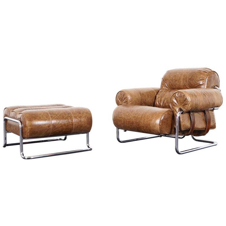 Italian Leather "Tucroma" Lounge Chair and Ottoman by Guido Faleschini