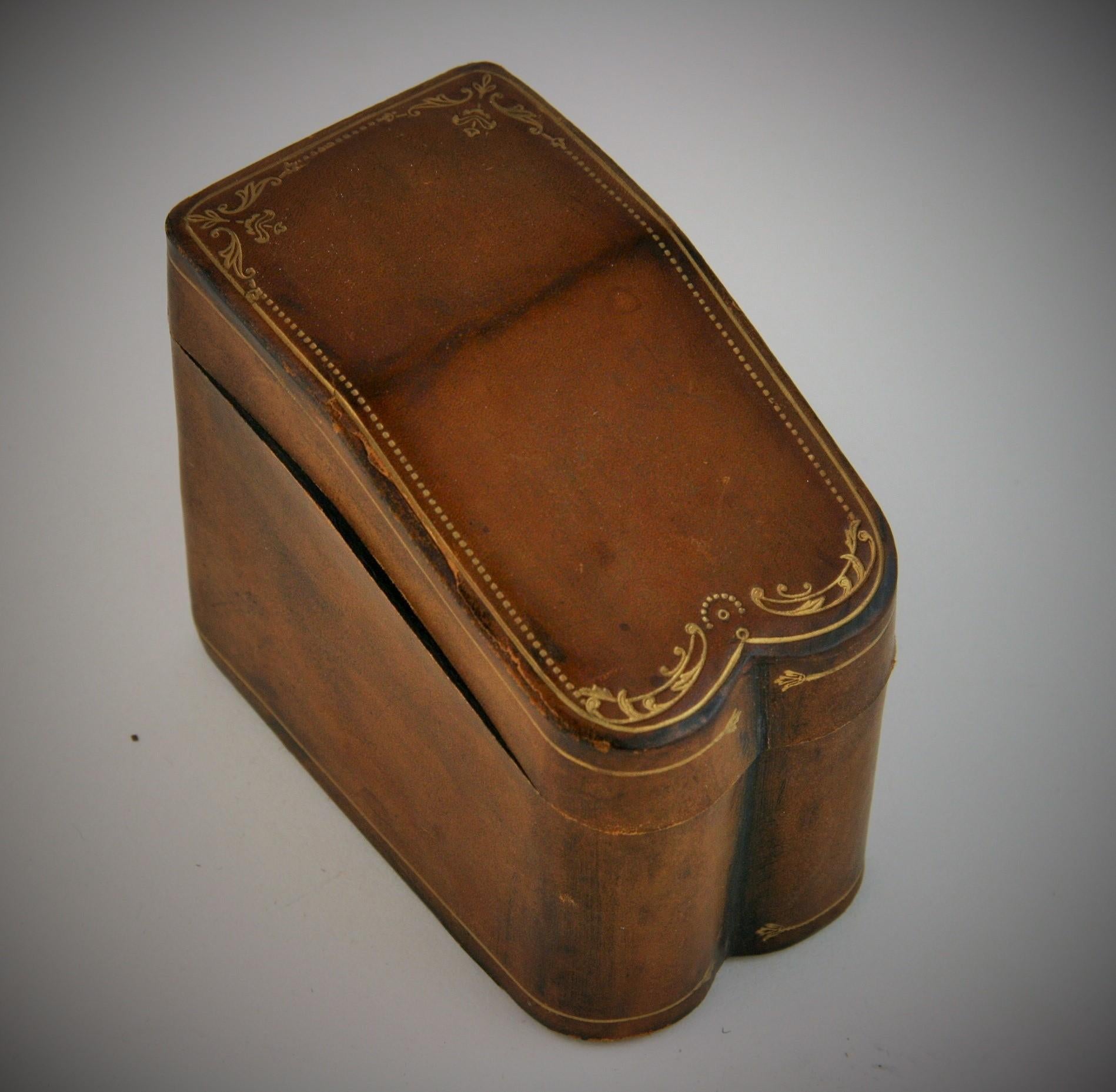 8-249 Italian handmade leather two deck card box with gold embossing.