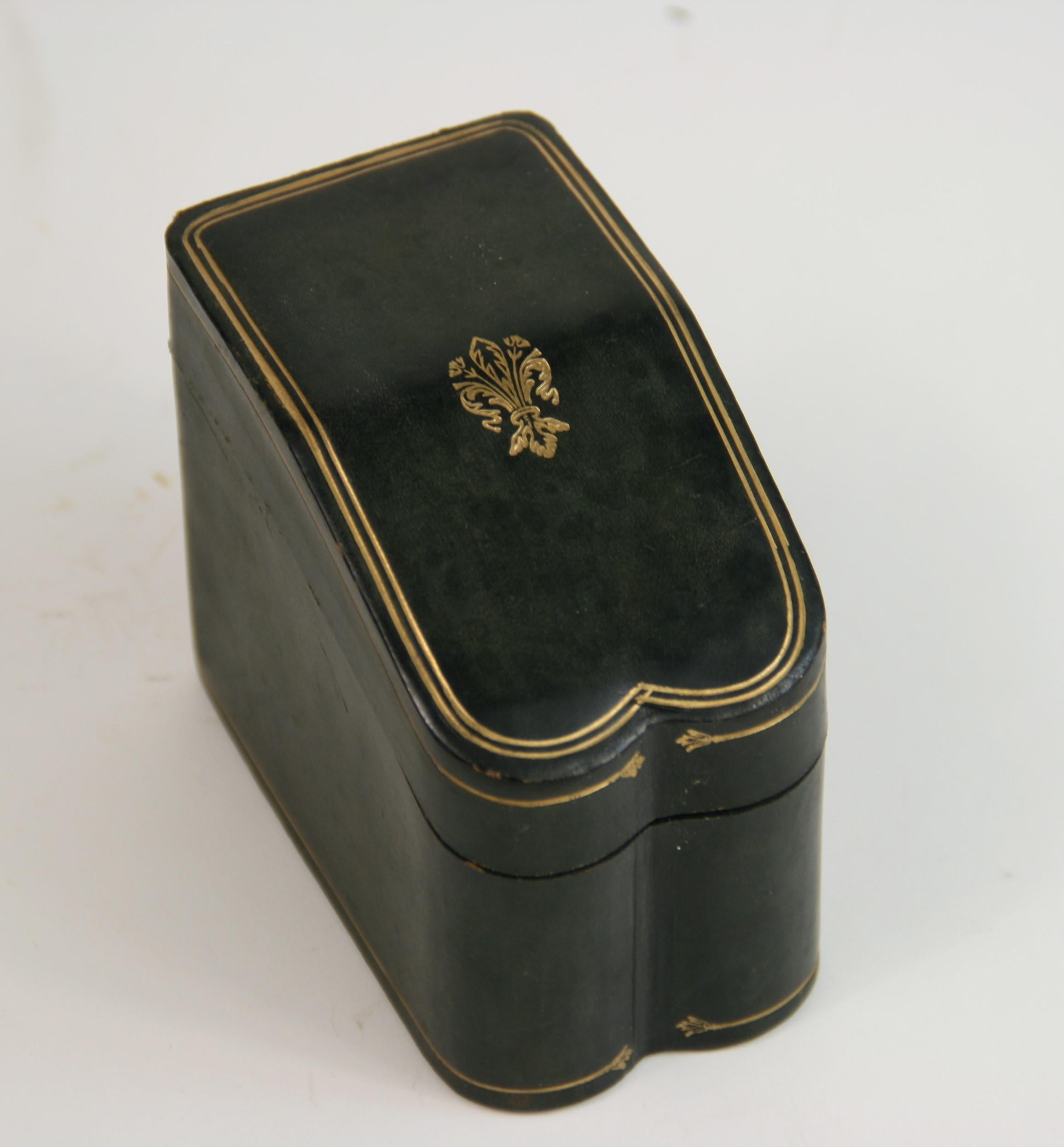2-292 Italian leather 2 deck of card box. Genuine dark green or black leather with gold details.