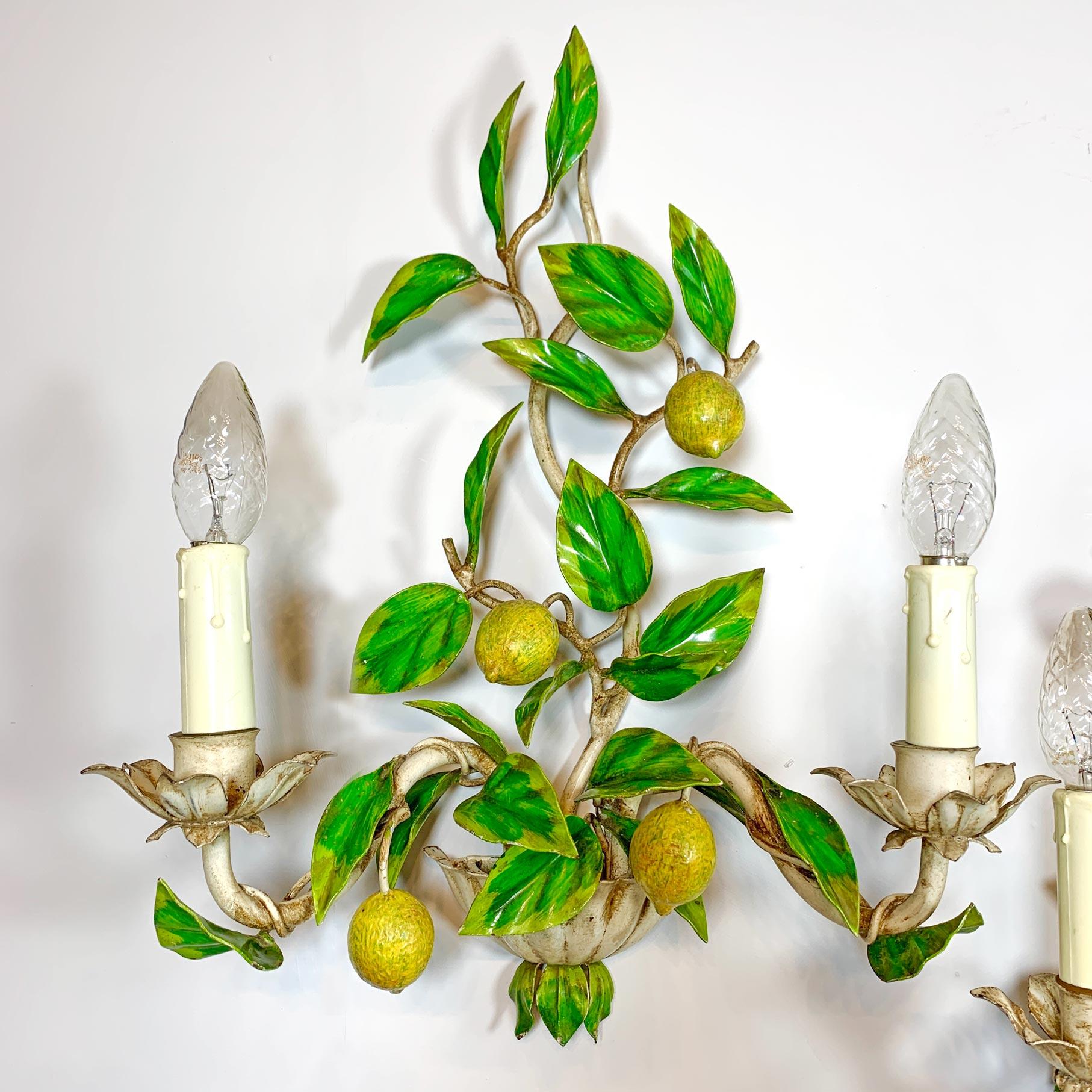 Bohemian Italian Lemon and Oranges Tole Wall Lights 1950s