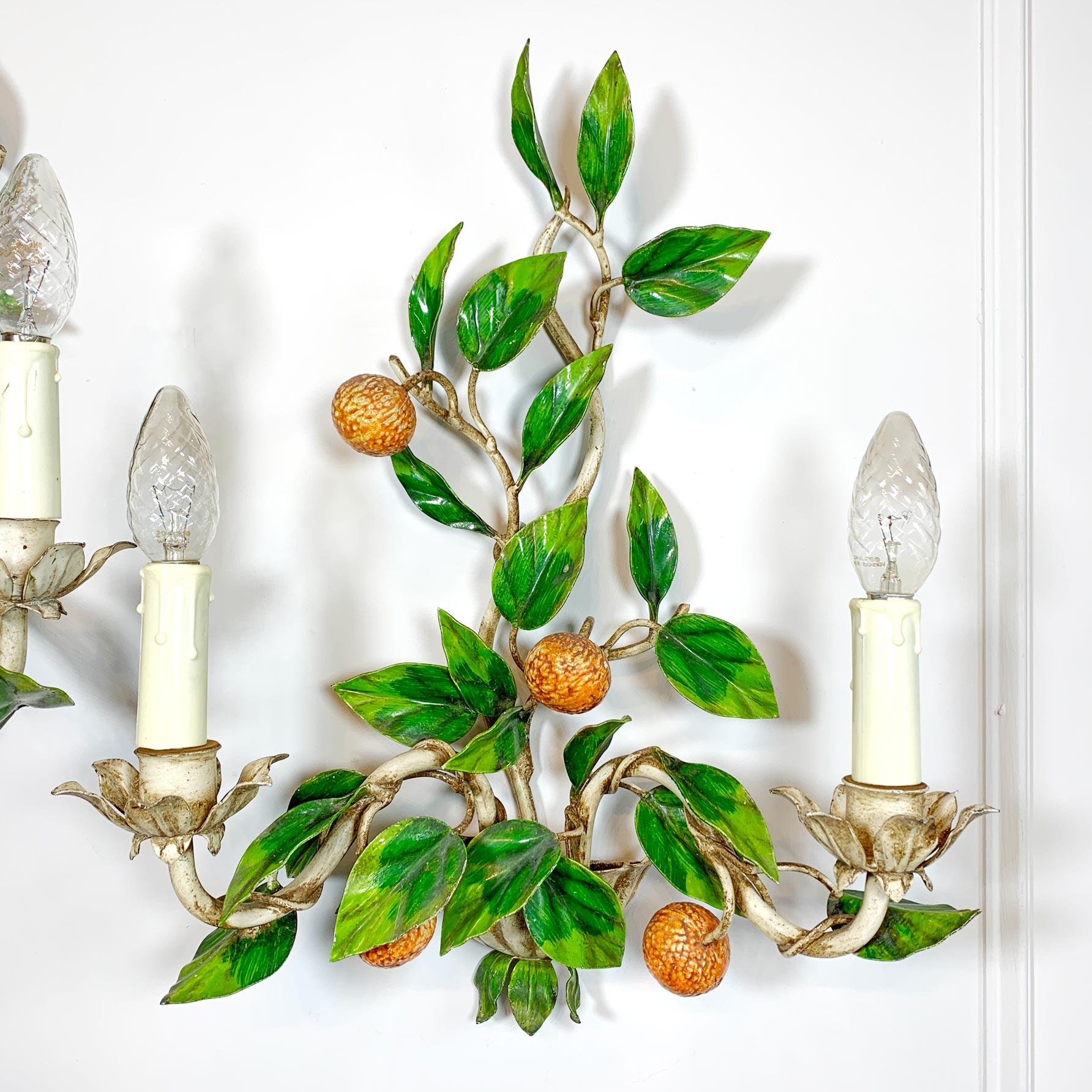 Hand-Crafted Italian Lemon and Oranges Tole Wall Lights 1950s