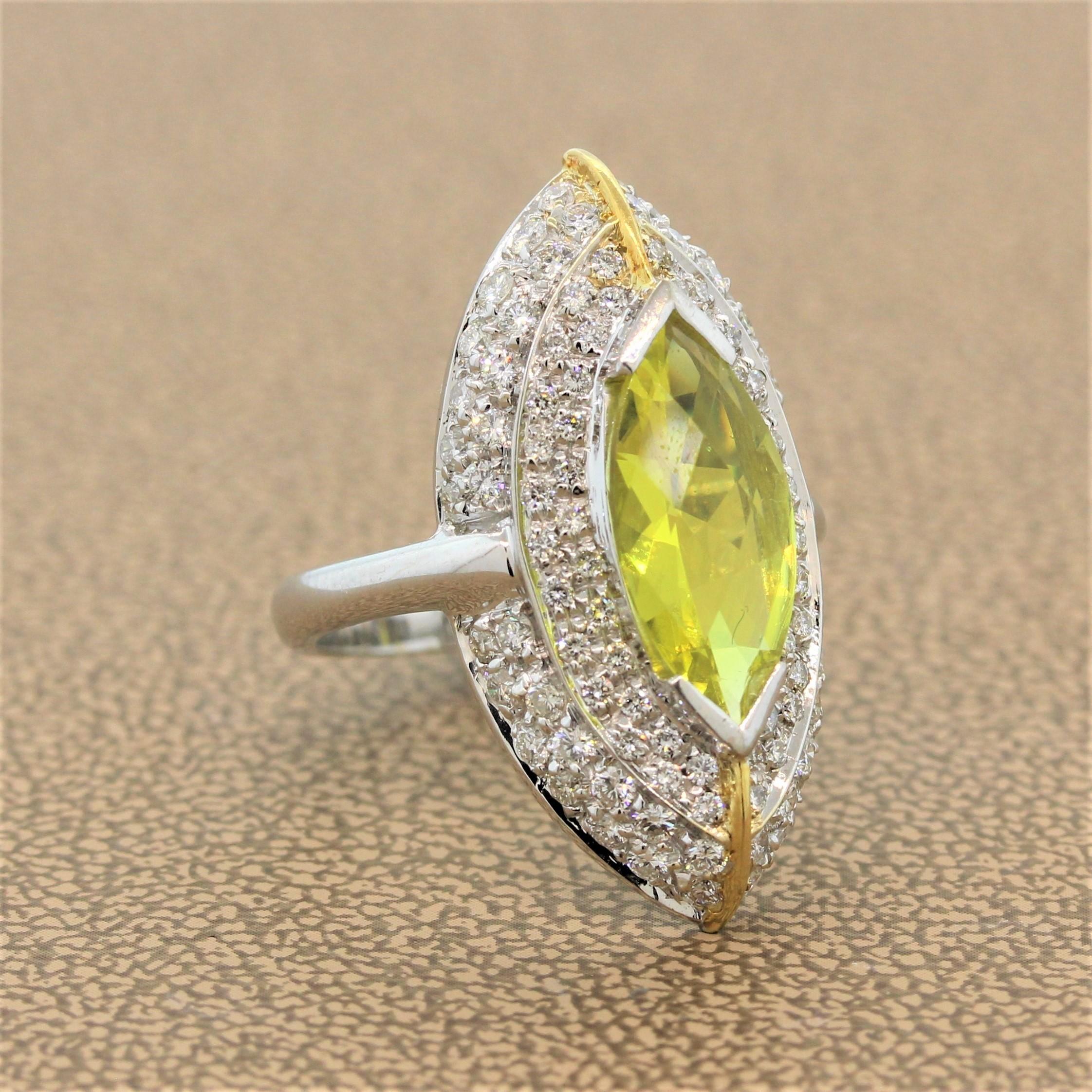 Italian Lemon Quartz Diamond Gold Navette Ring In New Condition In Beverly Hills, CA