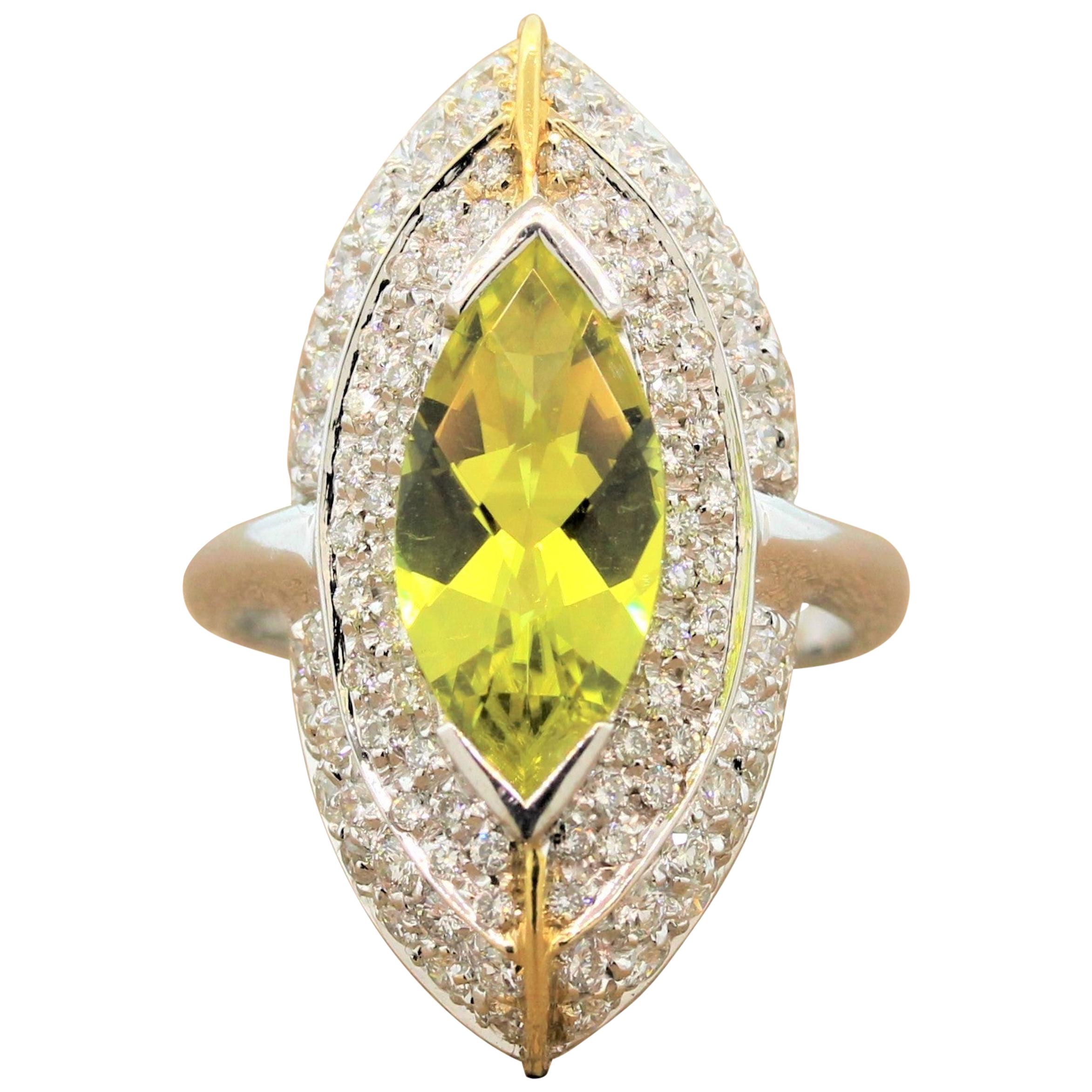 Italian Lemon Quartz Diamond Gold Navette Ring