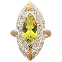 Italian Lemon Quartz Diamond Gold Navette Ring