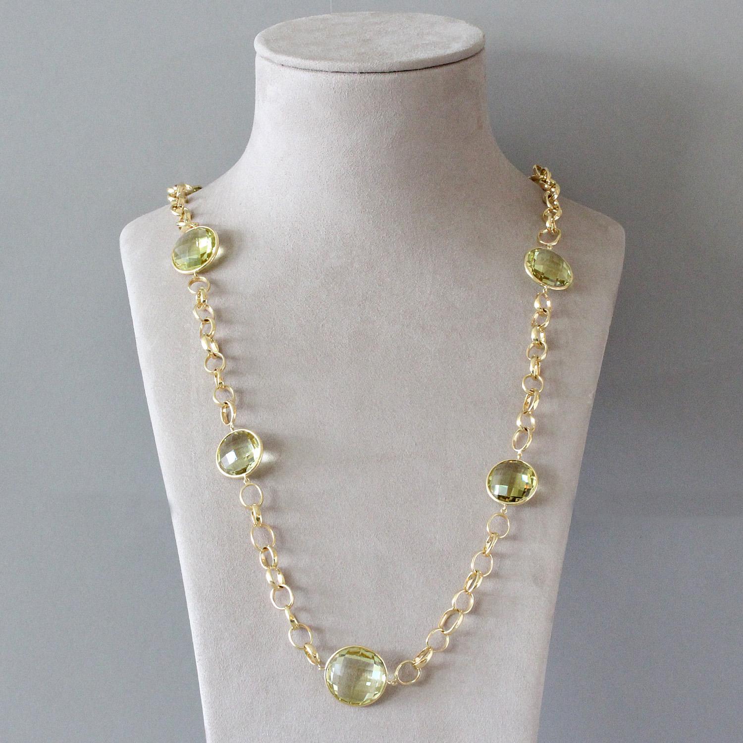 Italian Lemon Topaz Gold Hoop Link Necklace In New Condition For Sale In Beverly Hills, CA