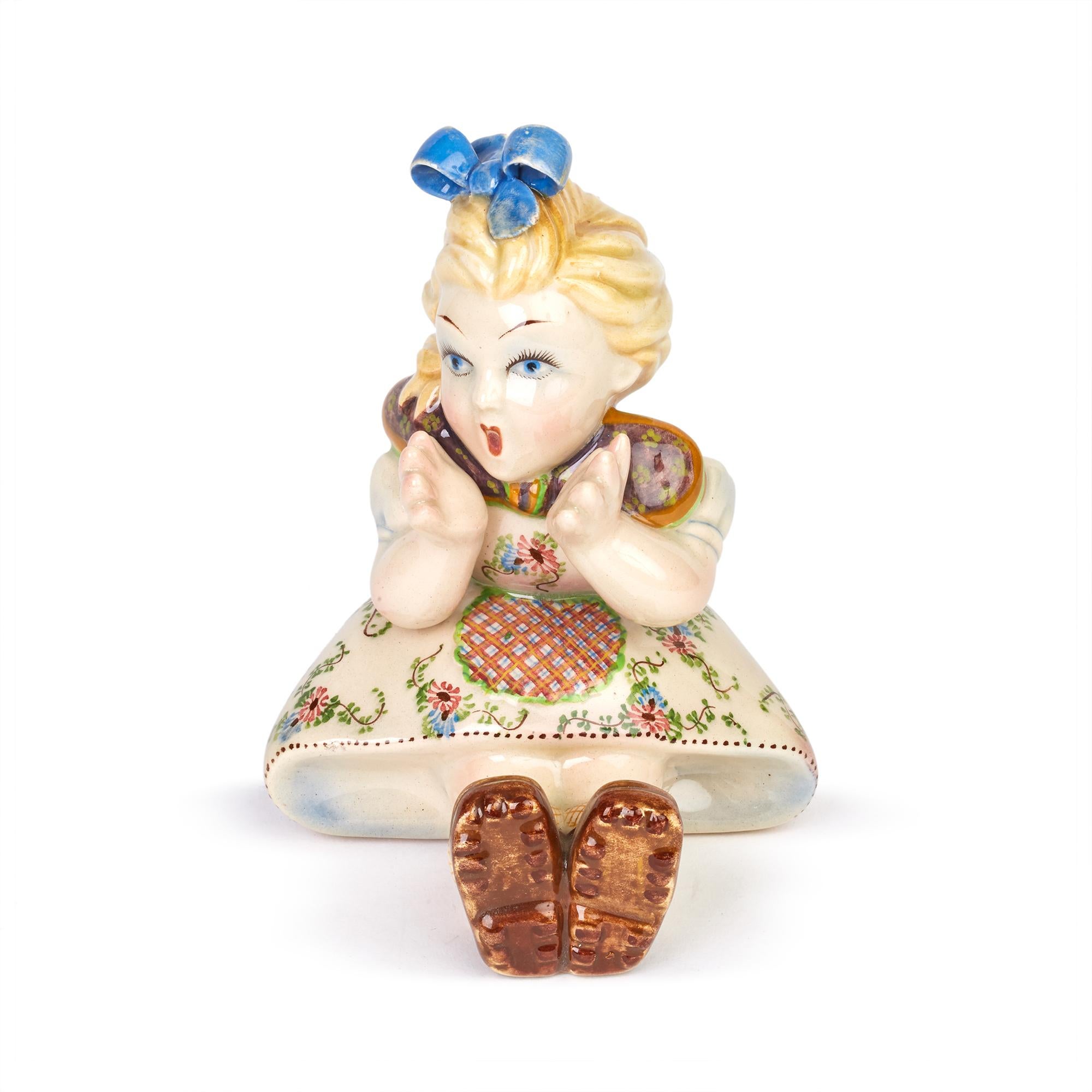 Hand-Painted Italian Lenci Style Art Deco Pottery Seated Girl Figure