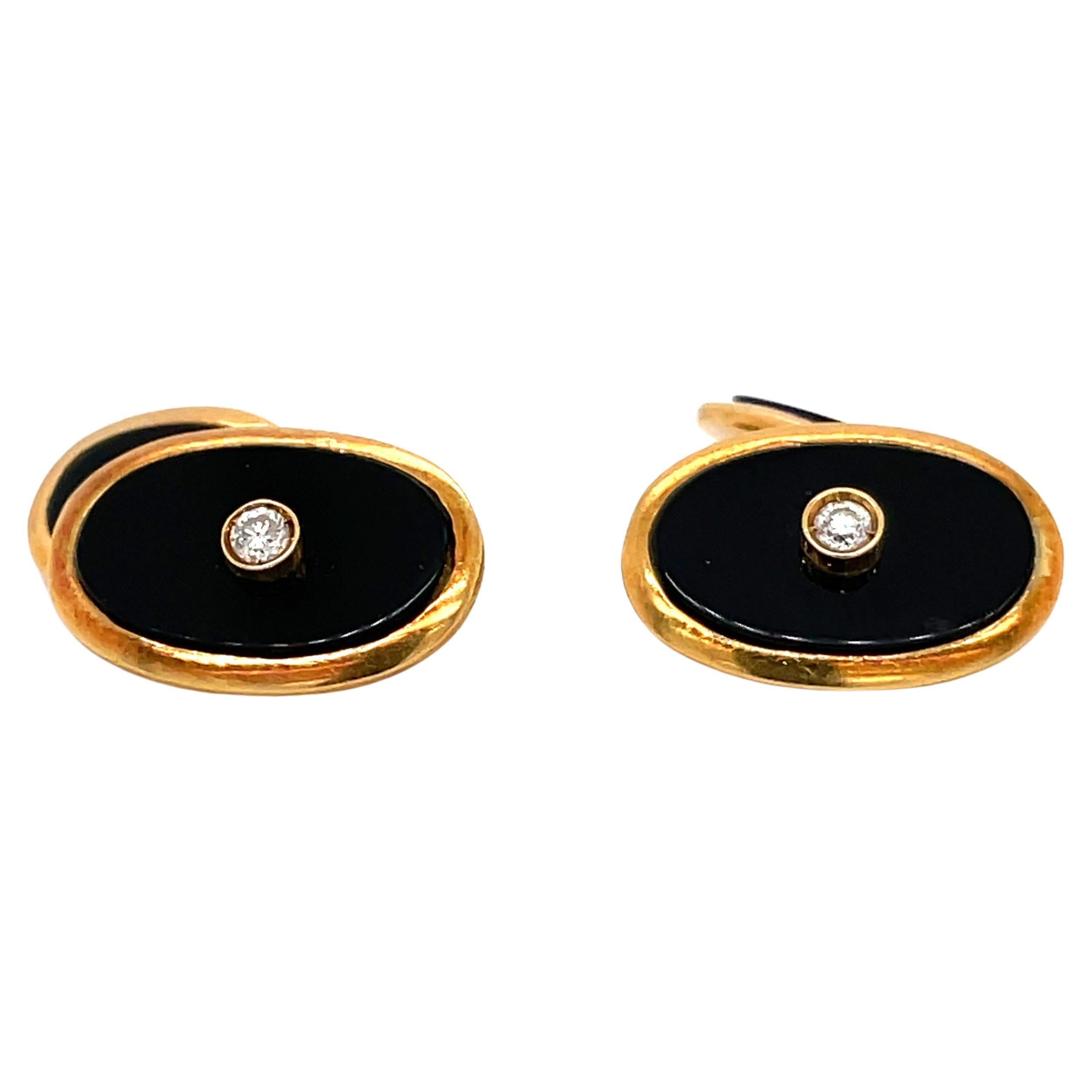 Italian Leo Pizzo Onyx Diamond Gold Cufflinks For Sale