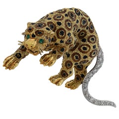 Italian Leopard Diamond and Emerald Brooch Pin