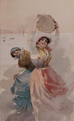 Italian, Leopoldina Zanetti Borzino Lithograph "Napoli 1889 Girls by the Sea"