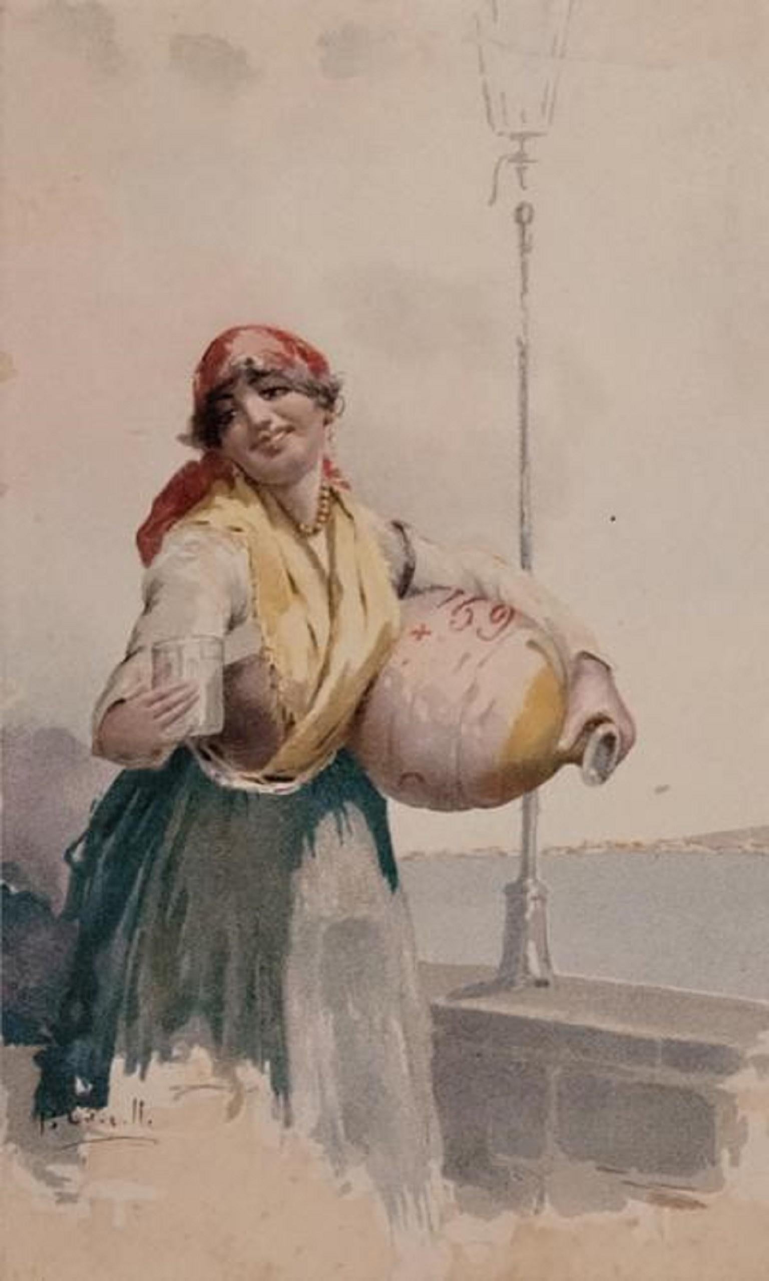 Leopldina Zanetti Borzing 1826-1902 original lithograph “Napolitano Girl with Water Jug”. Delightful Italian original lithograph of a girl from Napoli by the sea with a water jug. Lithograph is displayed in original black lacquer frame with original