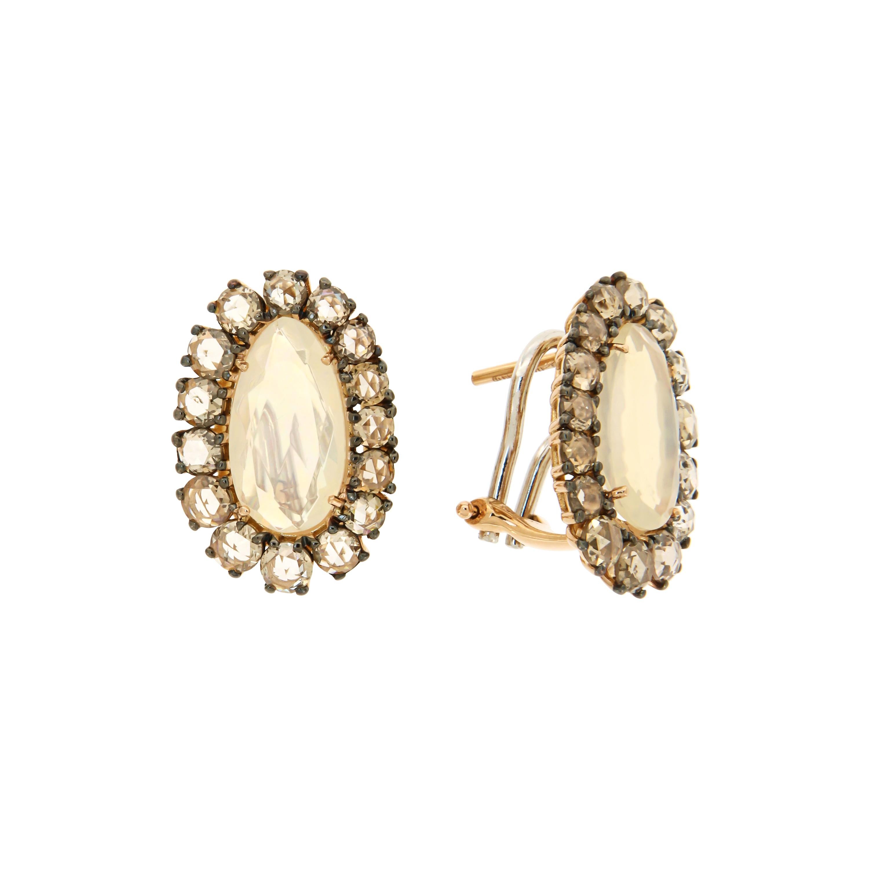 Italian Lever-Back 18k Opal Diamonds Brown Rose Gold Earrings for Her