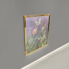 Italian liberty canvas painting with flowers and butterfly in metal frame, 1970s