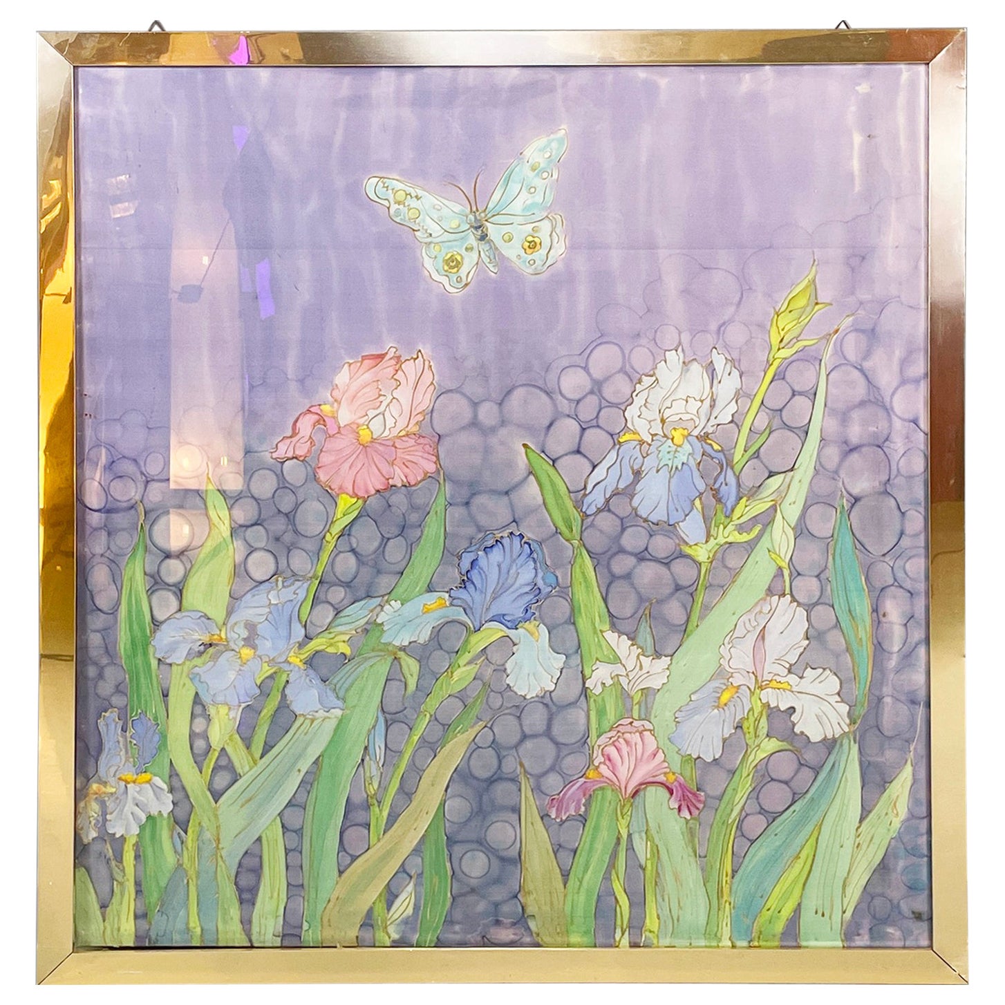 Peinture sur toile liberty italienne avec fleurs et papillon dans un cadre en métal, années 1970
