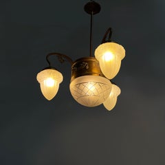 Italian liberty Chandelier in molded satin glass  and brass, early 1900s