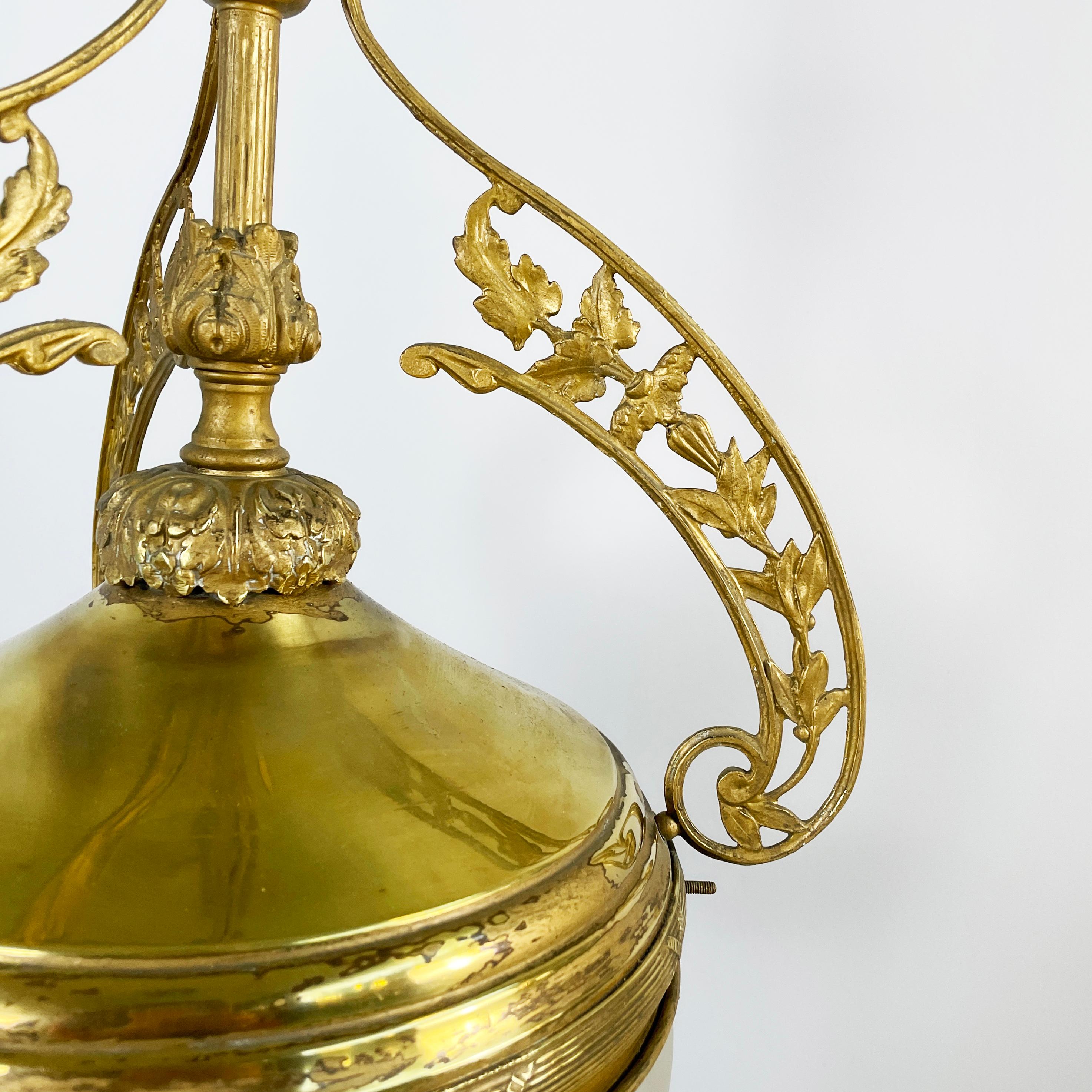Italian liberty Chandelier in molded satin glass and brass, early 1900s For Sale 2