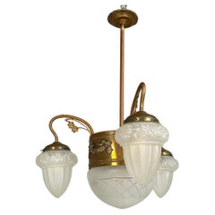 Italian liberty Chandelier in molded satin glass  and brass, early 1900s