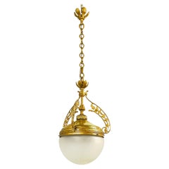 Italian liberty Chandelier in molded satin glass and brass, early 1900s
