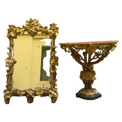 Italian Liberty Gilt Wood Table Console with Gilt Wood Mirror from Early 1900