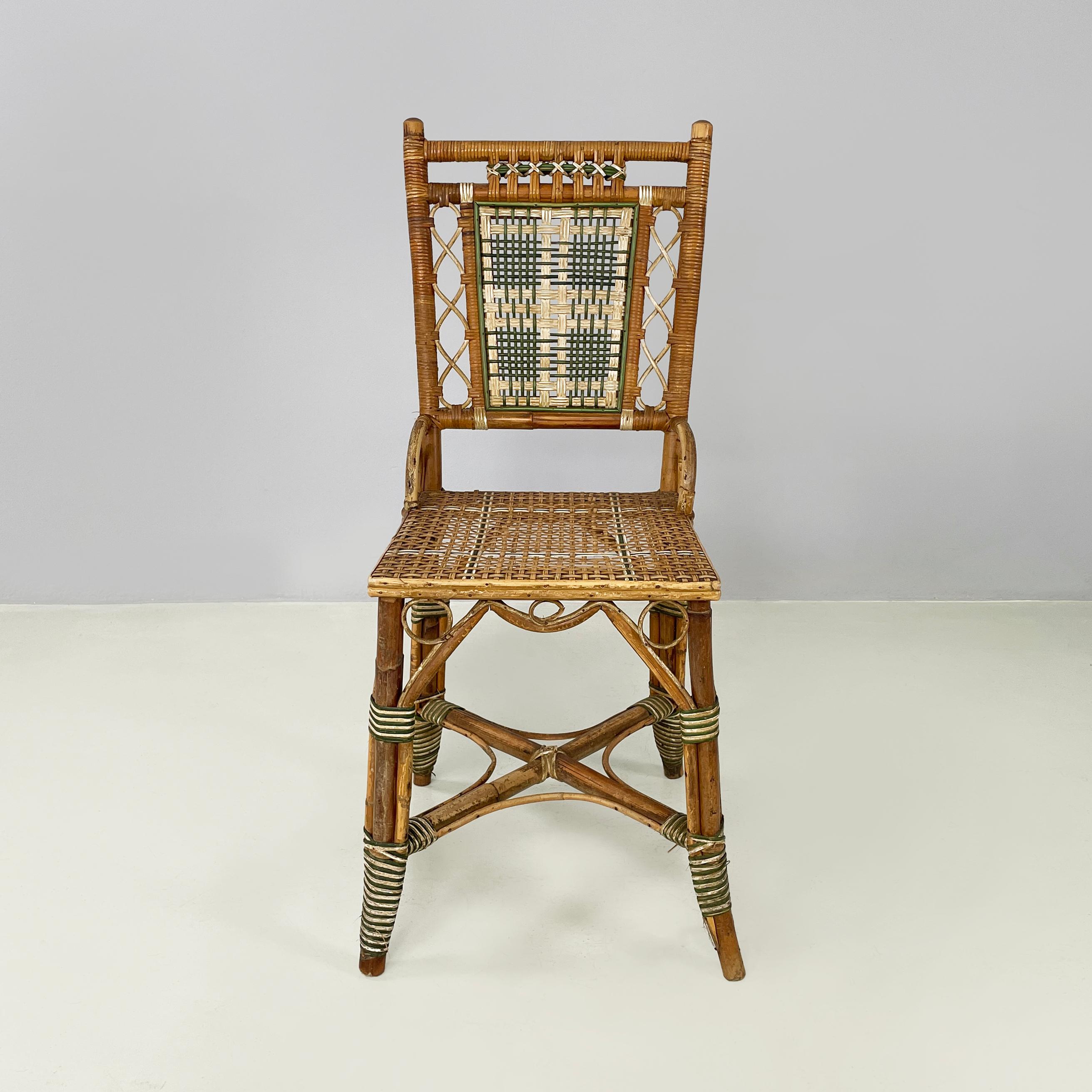 Silla de exterior italiana Liberty de ratán de Palazzo Falconi, principios del siglo XX
Silla de exterior totalmente de ratán tejido. El respaldo rectangular es de ratán con tramas de mimbre marrón, blanco y verde con dibujo rectangular. El asiento