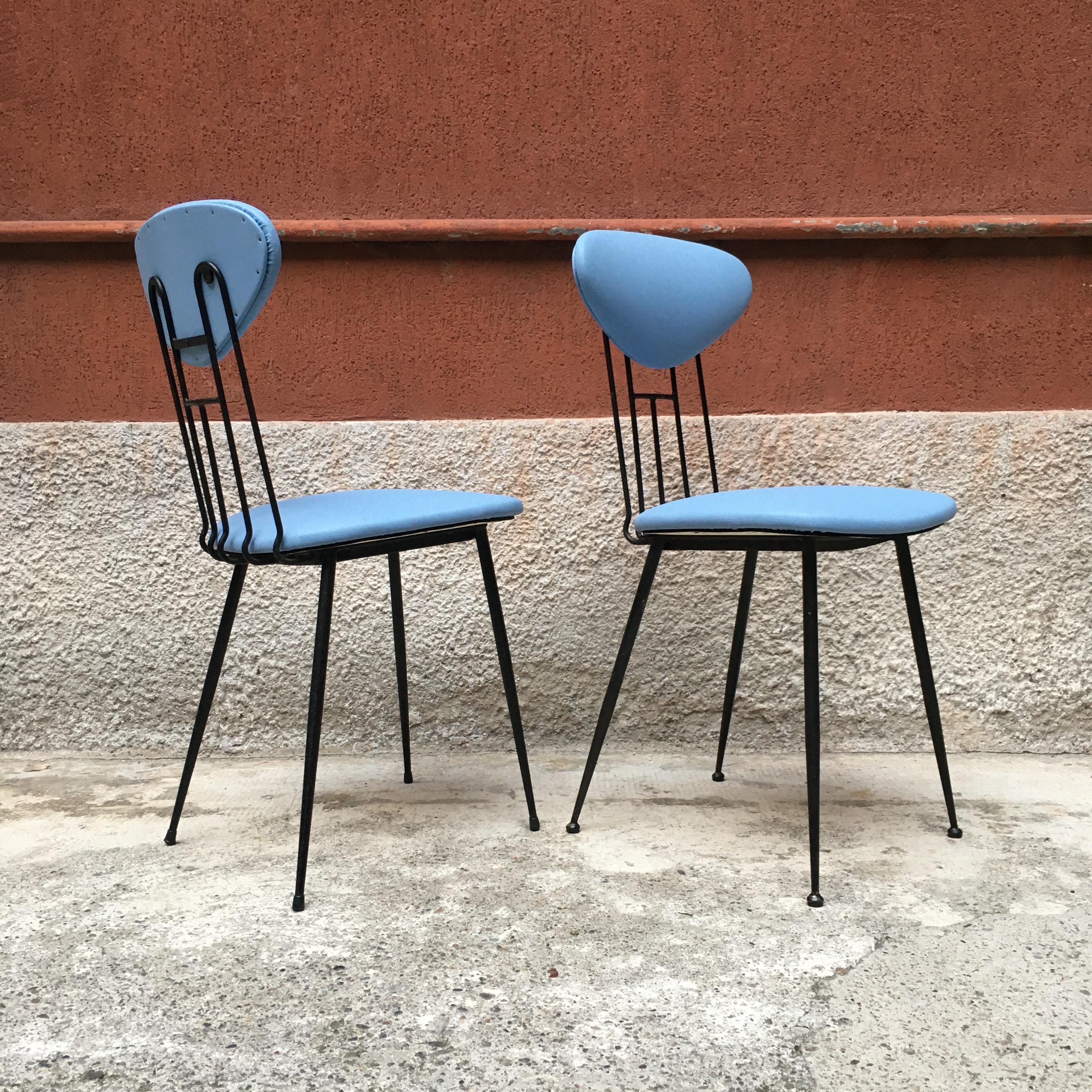 Italian Light-Blue Leatherette and Black Metal Chair, 1980s In Excellent Condition In MIlano, IT