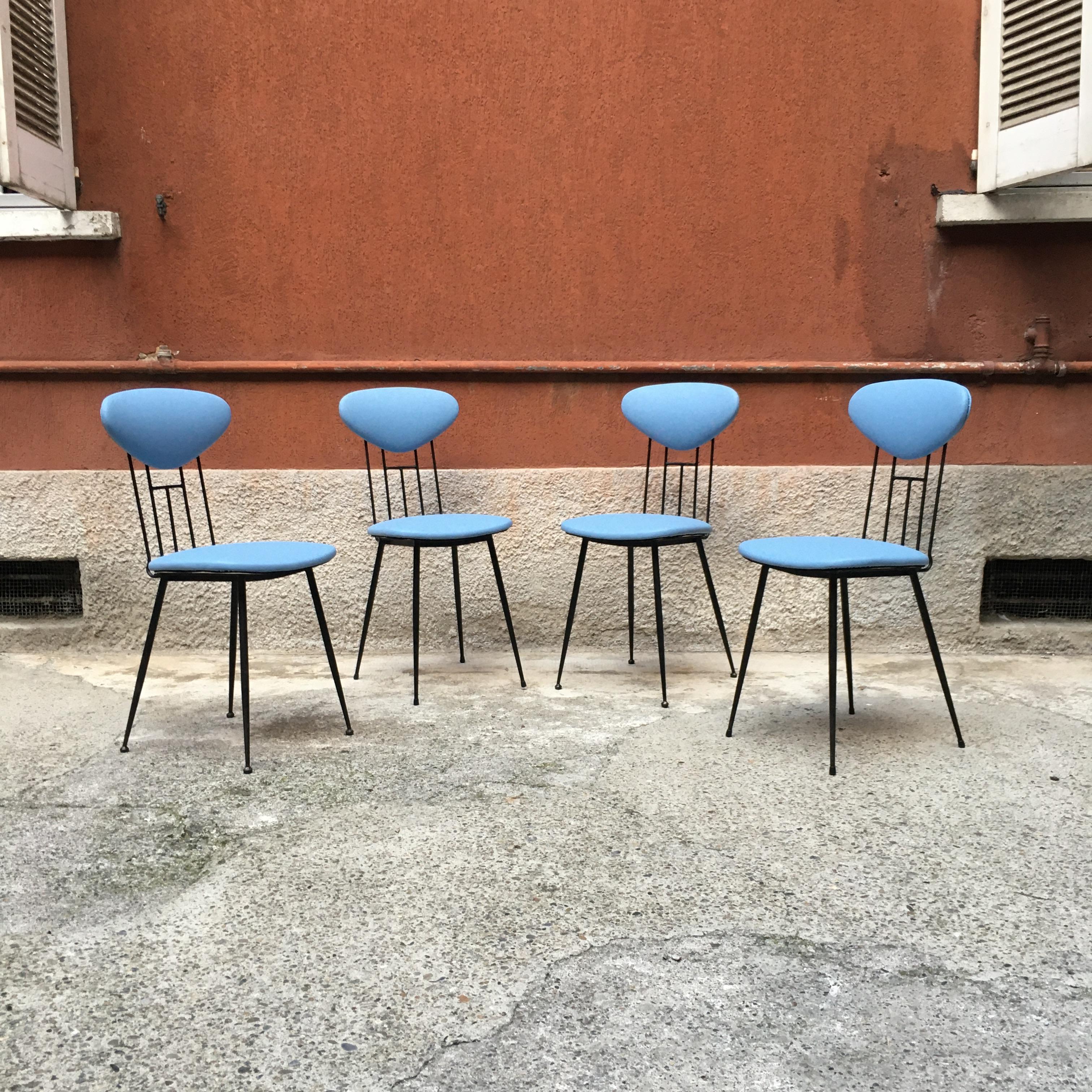Modern Italian Light-Blue Leatherette and Black Metal Chairs, 1980s