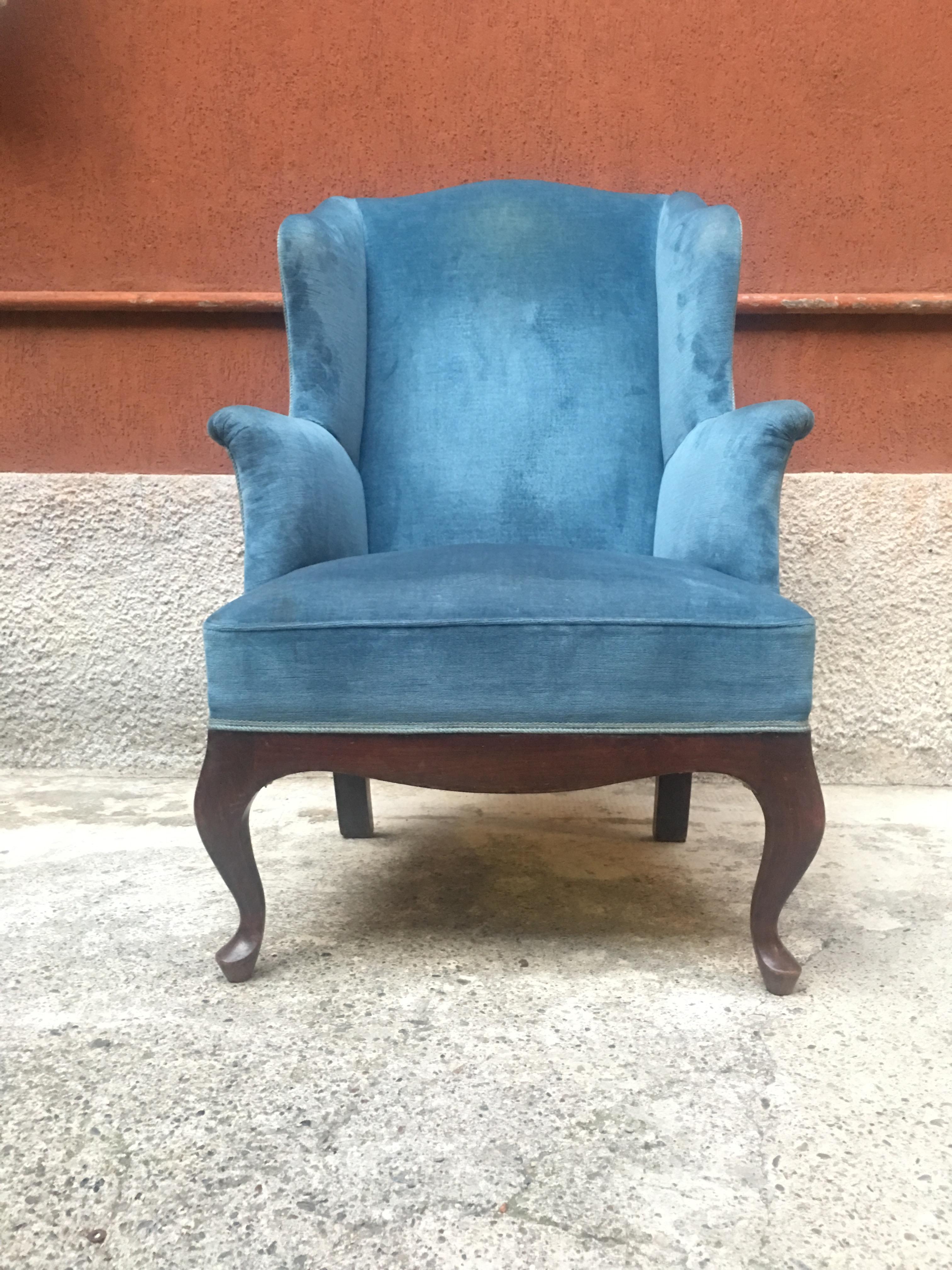 Italian Light-Blue Velvet, Wingback Style Armchair, 1950s 2