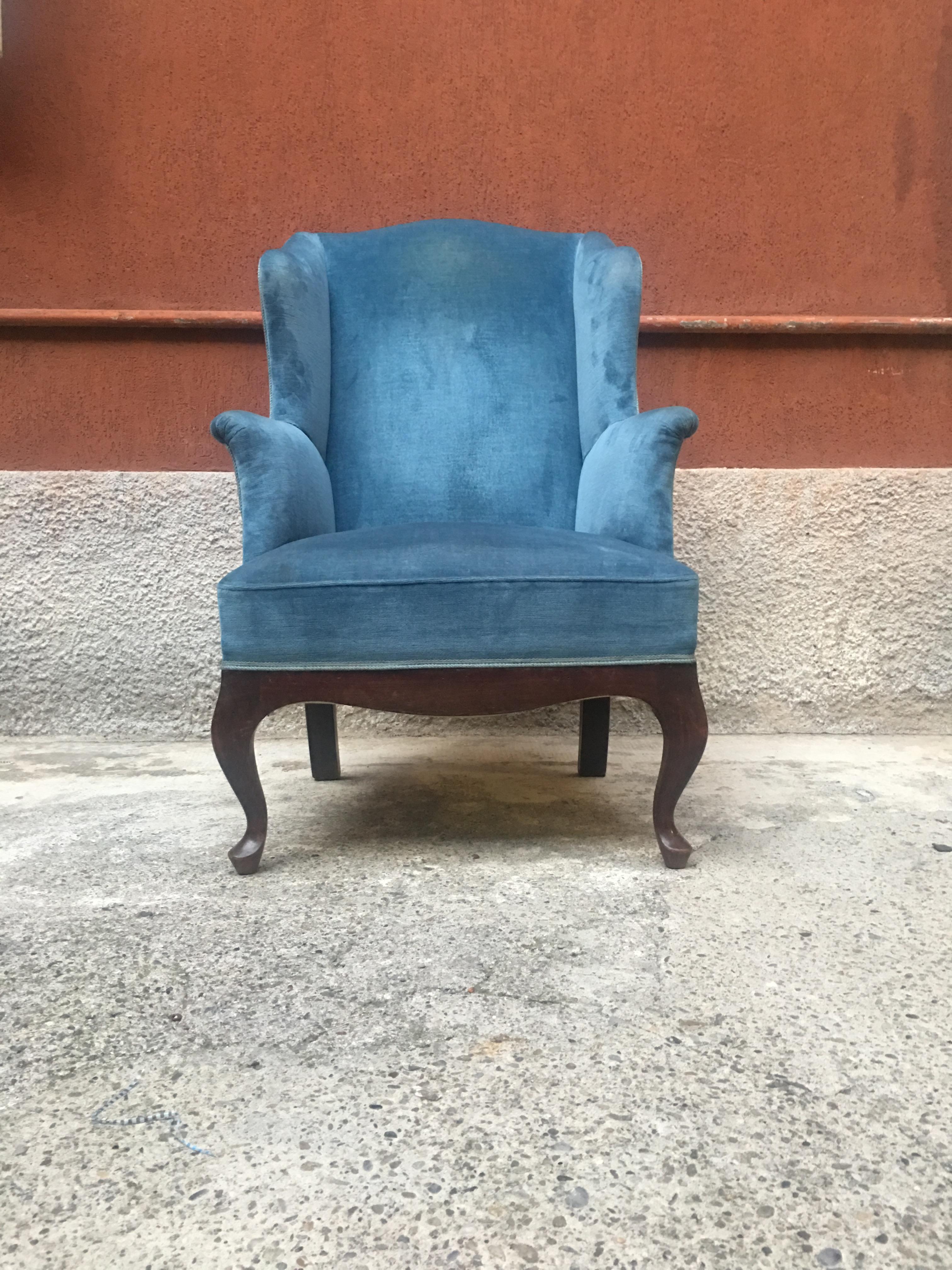 Italian Light-Blue Velvet, Wingback Style Armchair, 1950s 3