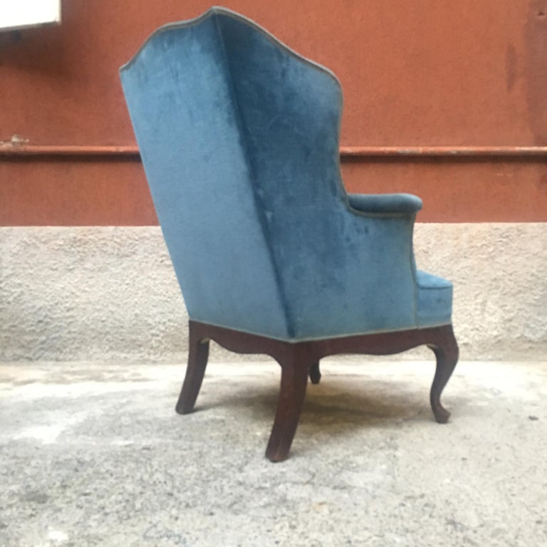 Italian LightBlue Velvet, Wingback Style Armchair, 1950s For Sale at