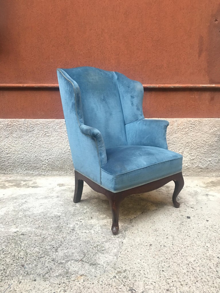 Italian LightBlue Velvet, Wingback Style Armchair, 1950s For Sale at
