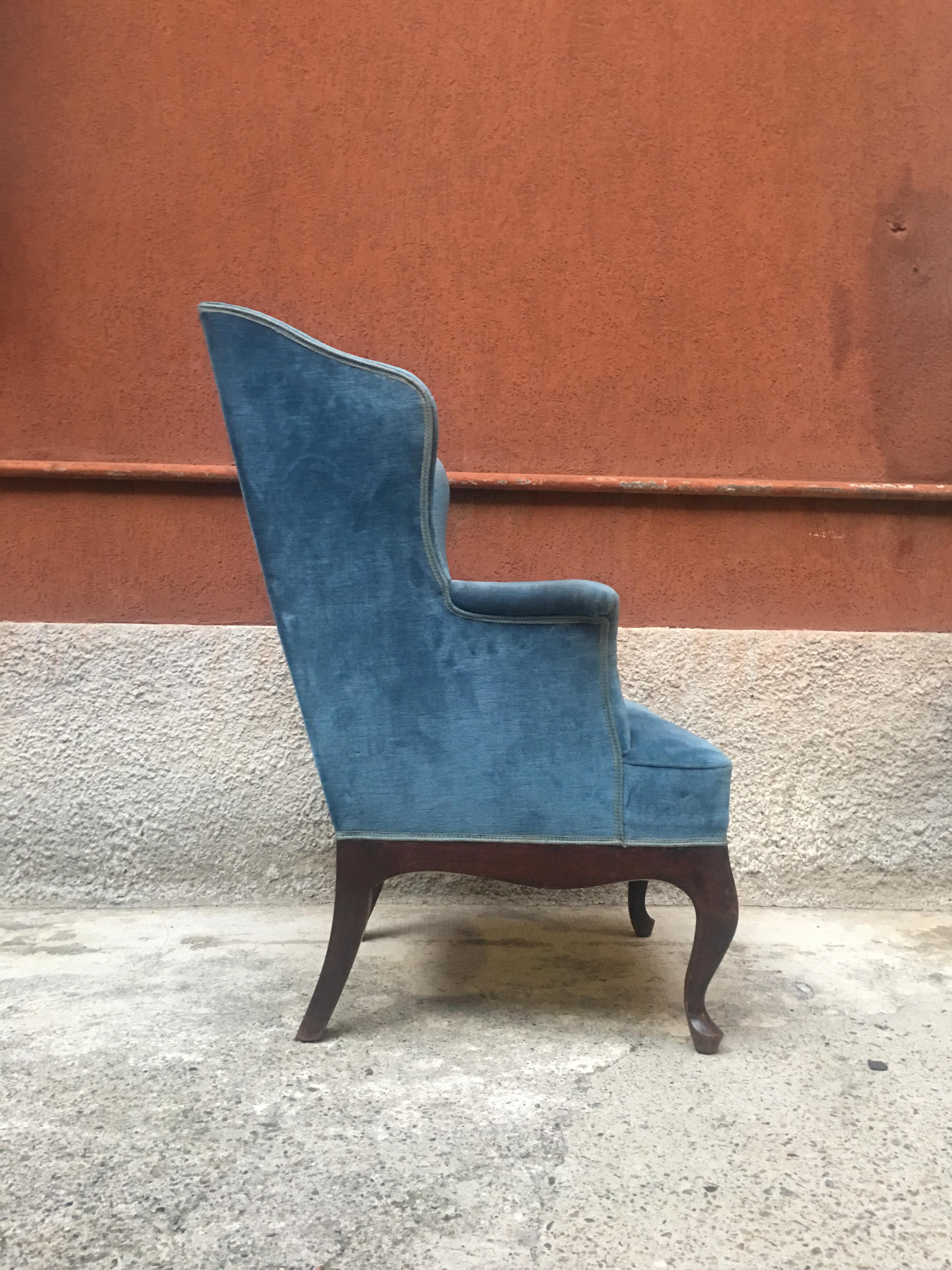 Mid-Century Modern Italian Light-Blue Velvet, Wingback Style Armchair, 1950s