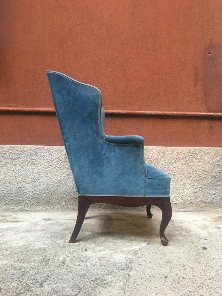 Italian LightBlue Velvet, Wingback Style Armchair, 1950s For Sale at