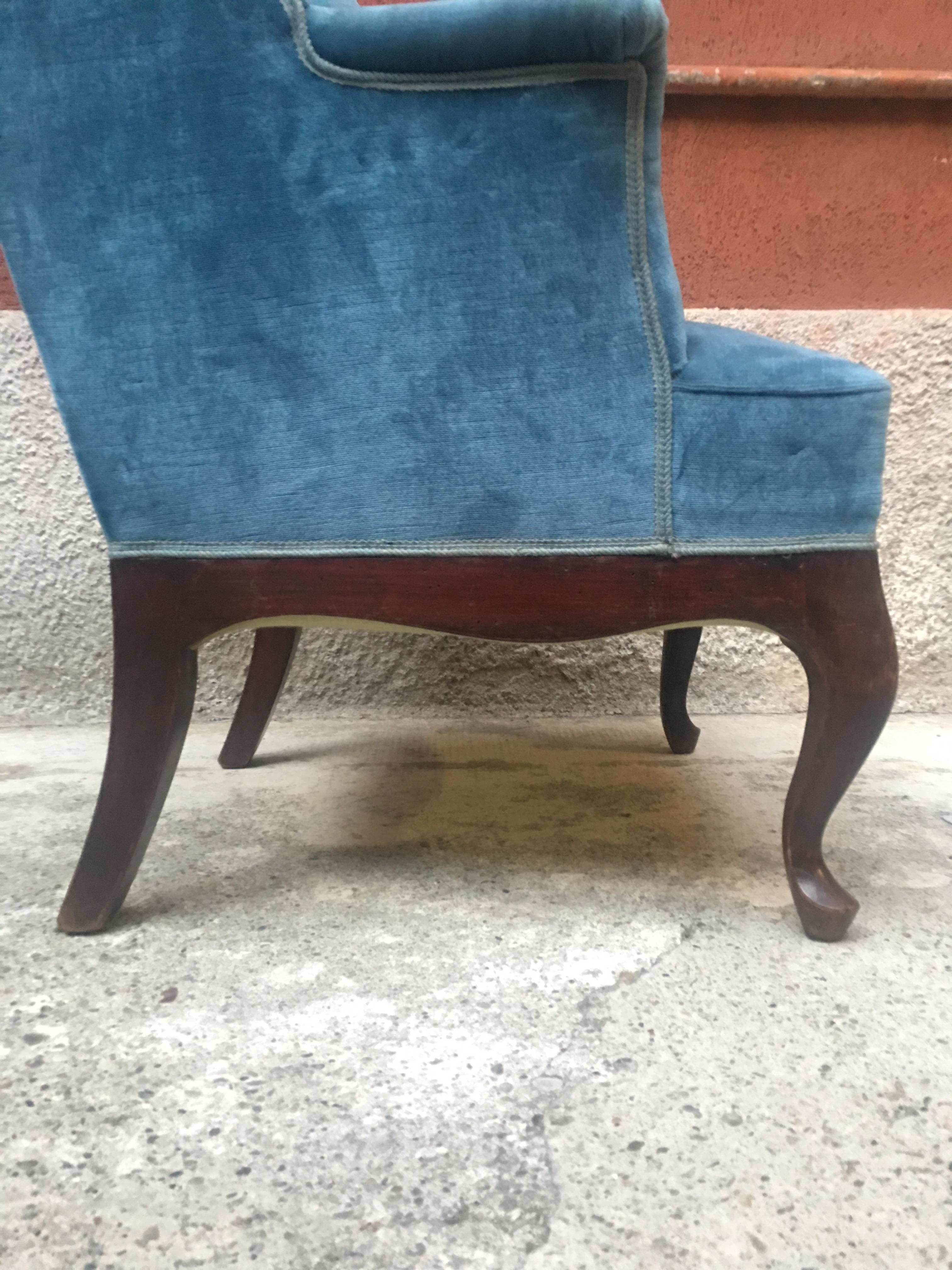 Italian Light-Blue Velvet, Wingback Style Armchair, 1950s In Good Condition In MIlano, IT