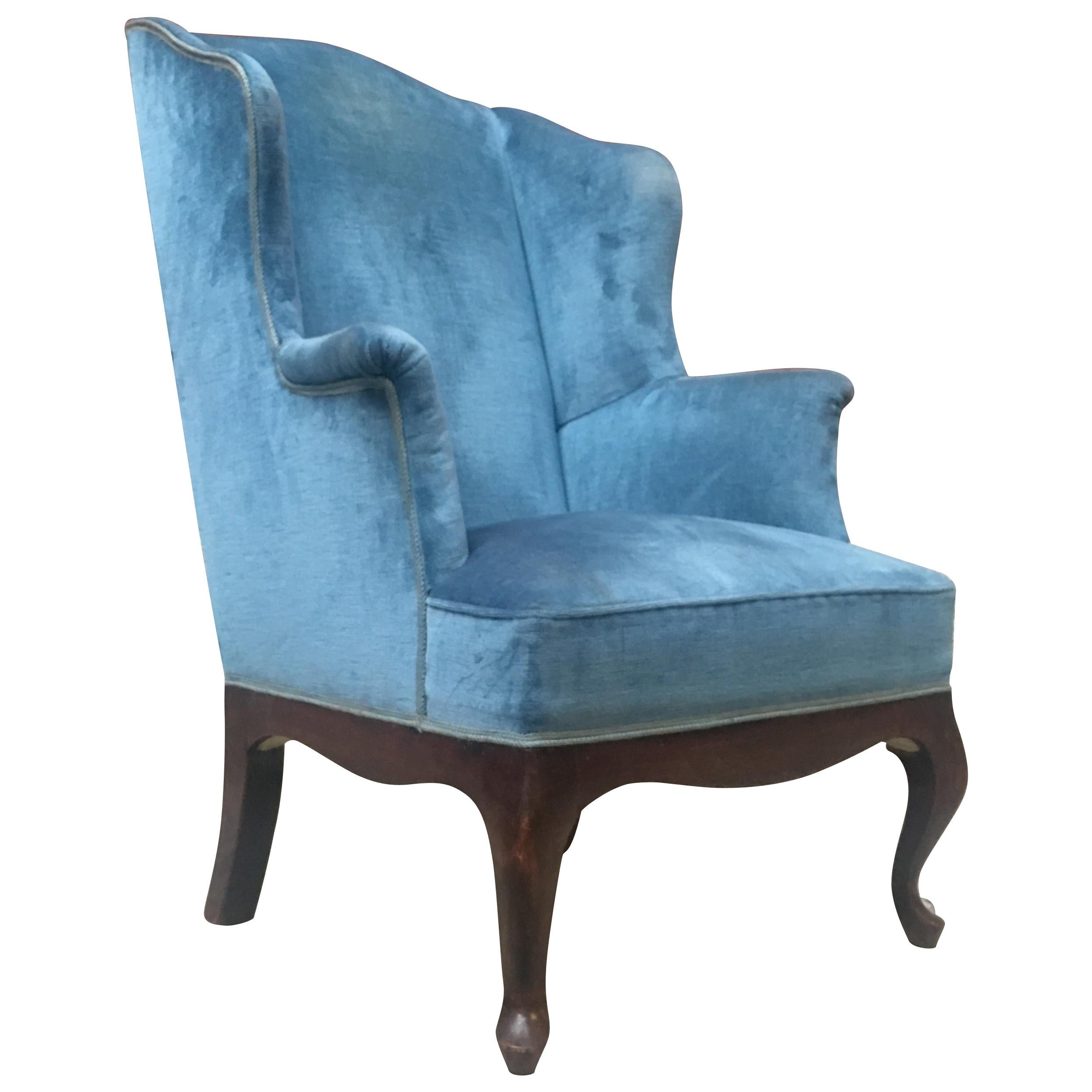 Italian Light-Blue Velvet, Wingback Style Armchair, 1950s