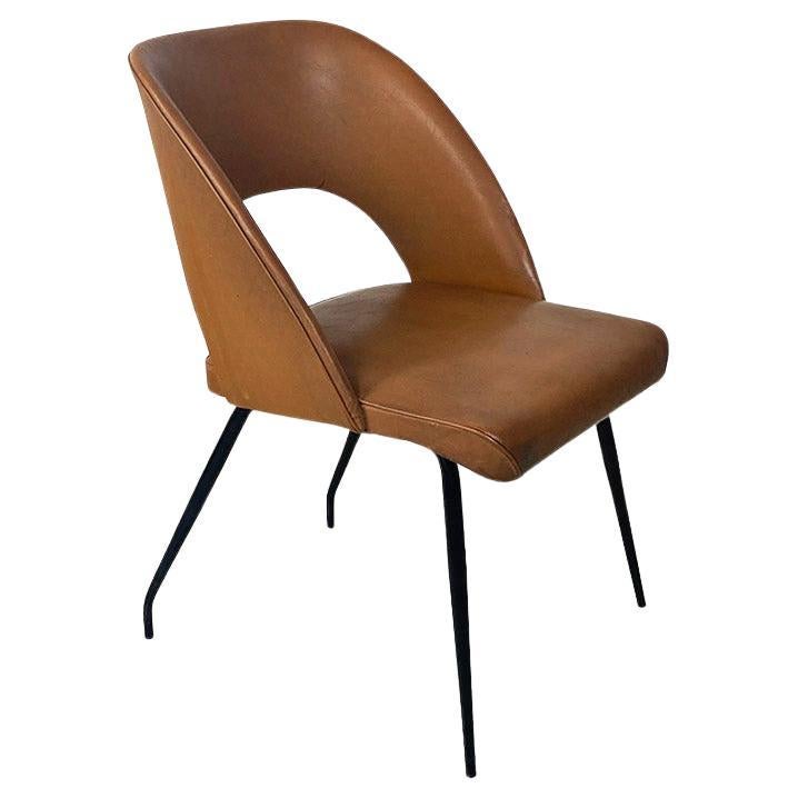 Italian Light Brown Faux Leather Seat and Back and Metal Legs Armchair, 1960s For Sale