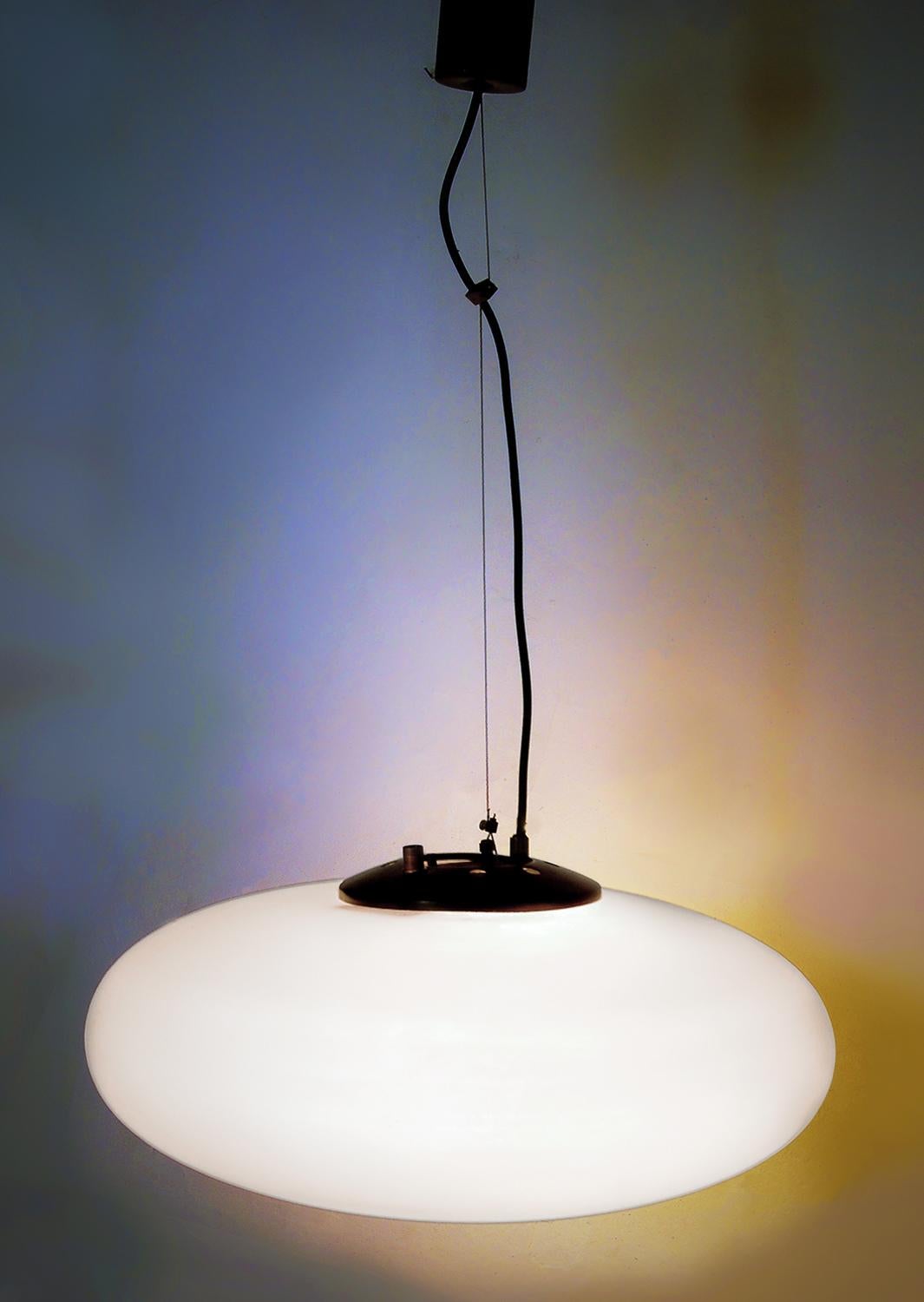 Mid-Century Modern Italian Light Pendant with White Glass Opaline Adjustable by Stilnovo, 1950s