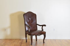 Italian, Liguria, Rococo Period Carved Walnut & Leather Upholstered Armchair