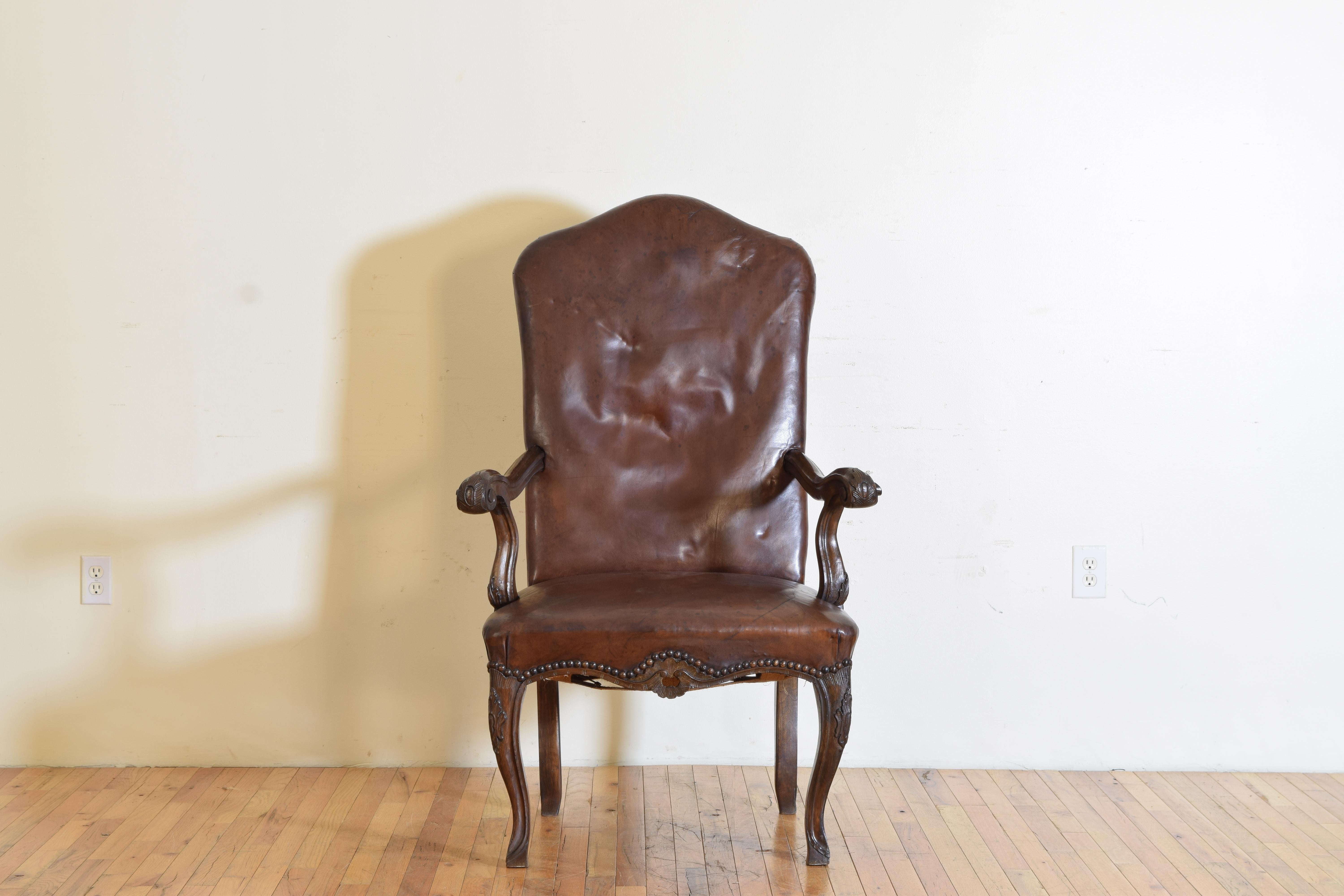 Italian, Liguria, Rococo Period Carved Walnut & Leather Upholstered Armchair In Good Condition In Atlanta, GA