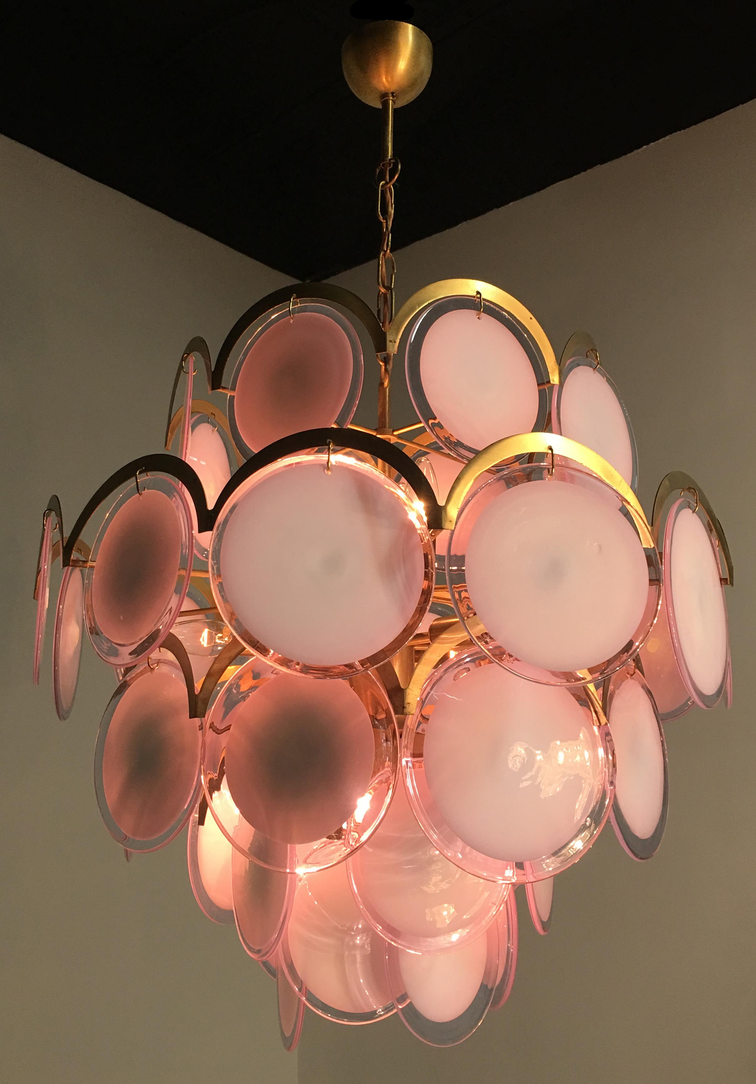 Italian Lilla Pink Color Disc Chandeliers by Vistosi, Murano, 1970s In Good Condition In Budapest, HU