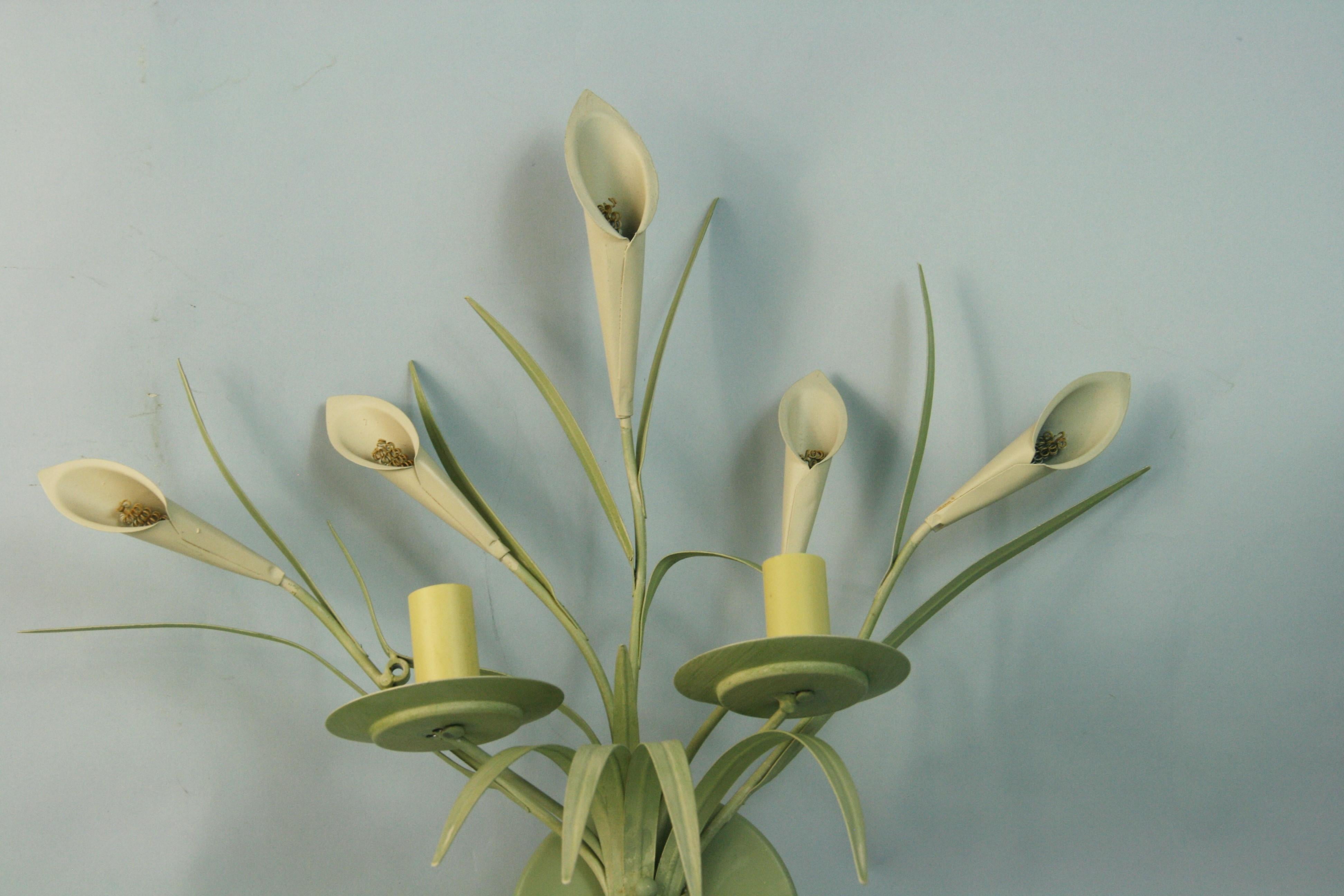 Metal Italian Lillies and Foliate Sage Green Wall Sconces For Sale
