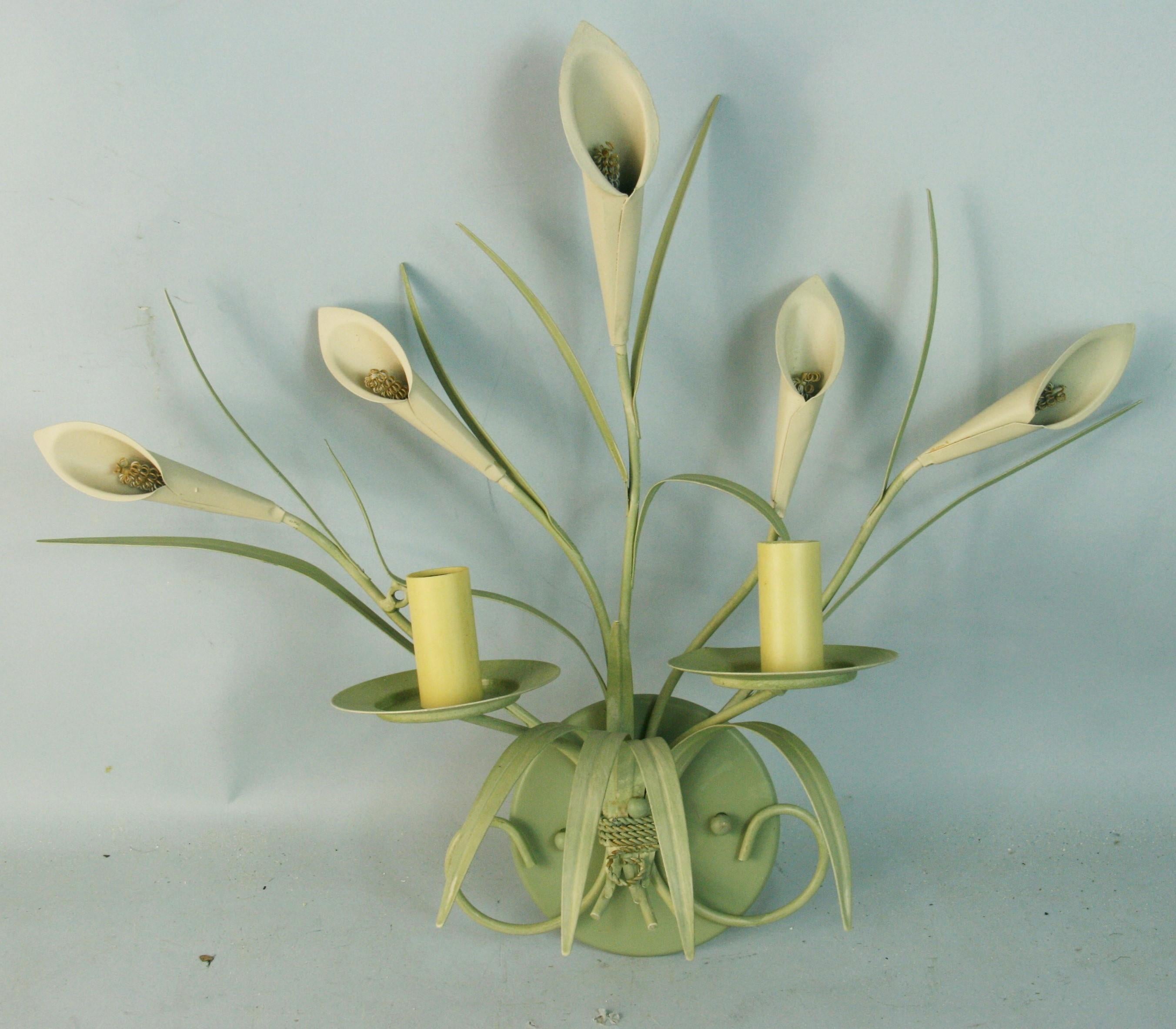 Italian Lillies and Foliate Sage Green Wall Sconces For Sale 1