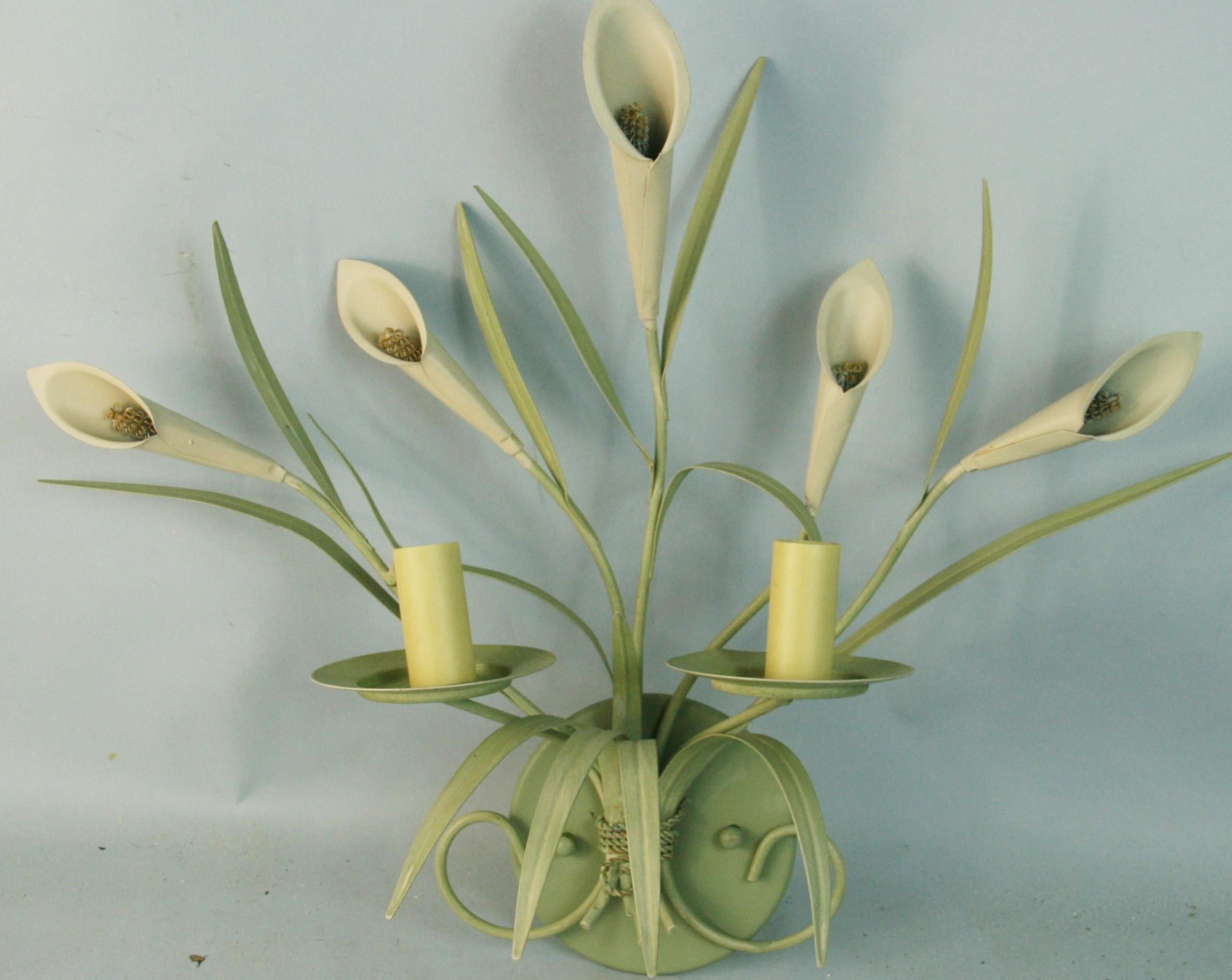 Italian Lillies and Foliate Sage Green Wall Sconces For Sale 2