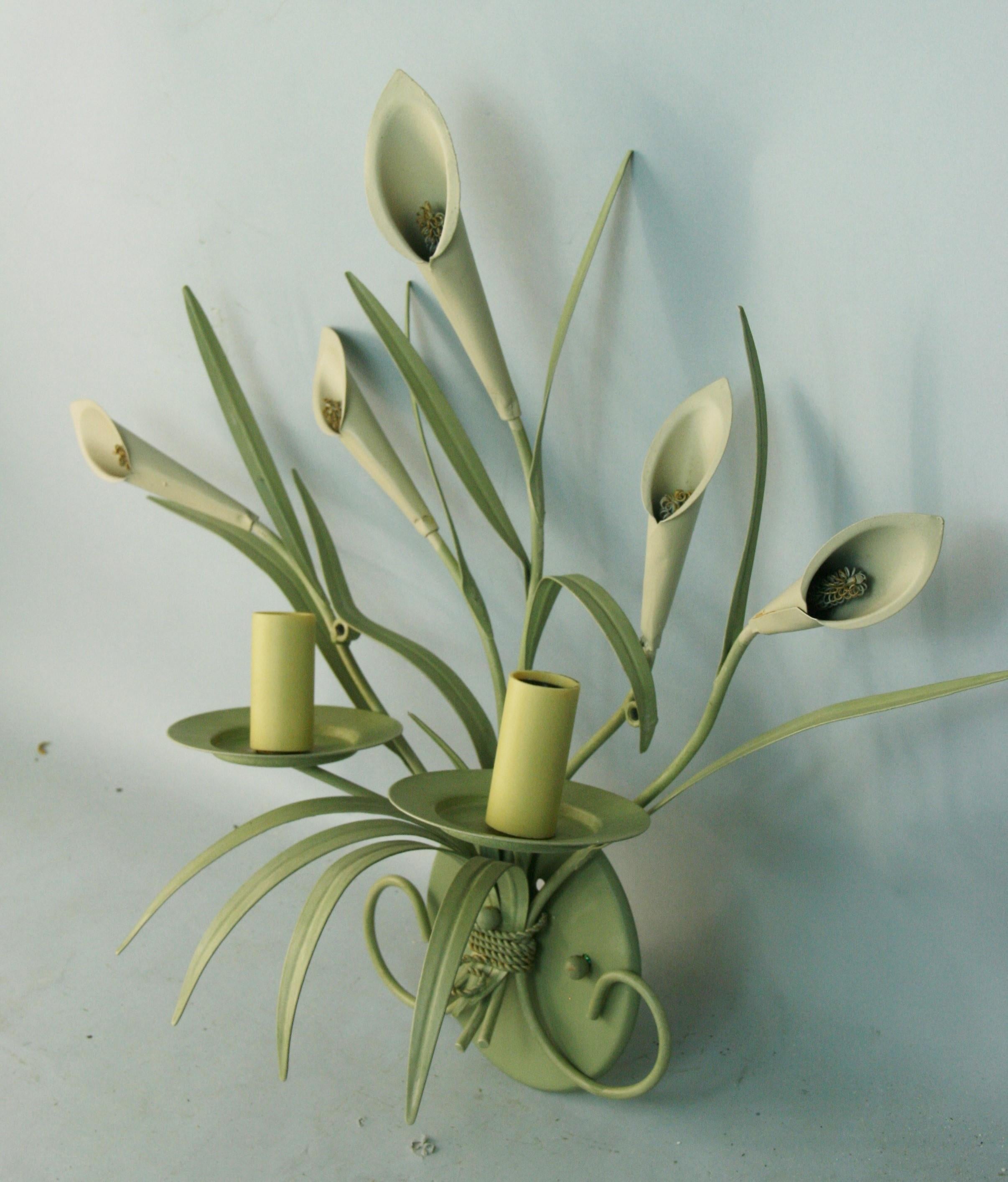 Italian Lillies and Foliate Sage Green Wall Sconces For Sale 3