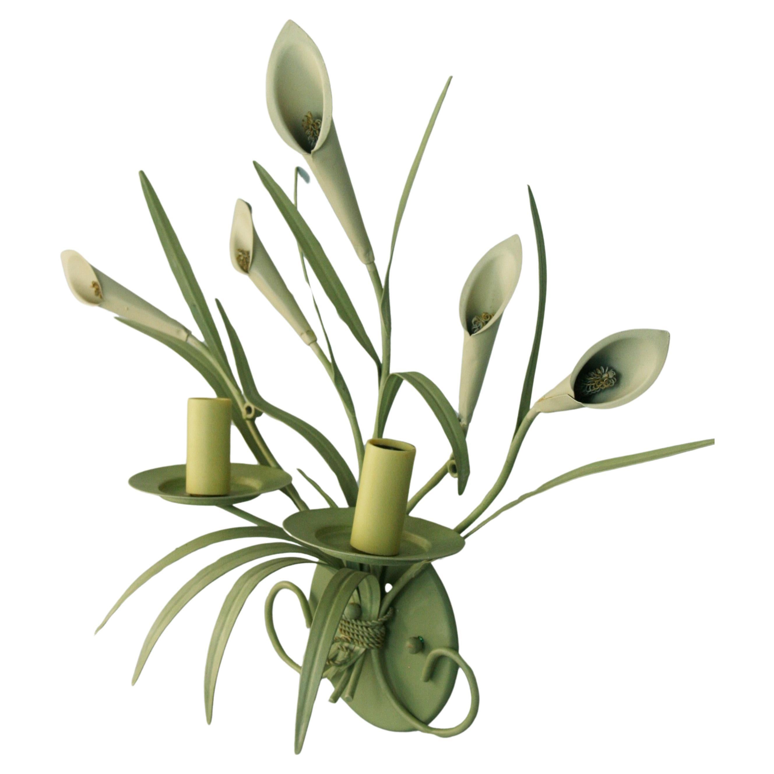 Italian Lillies and Foliate Sage Green Wall Sconces For Sale