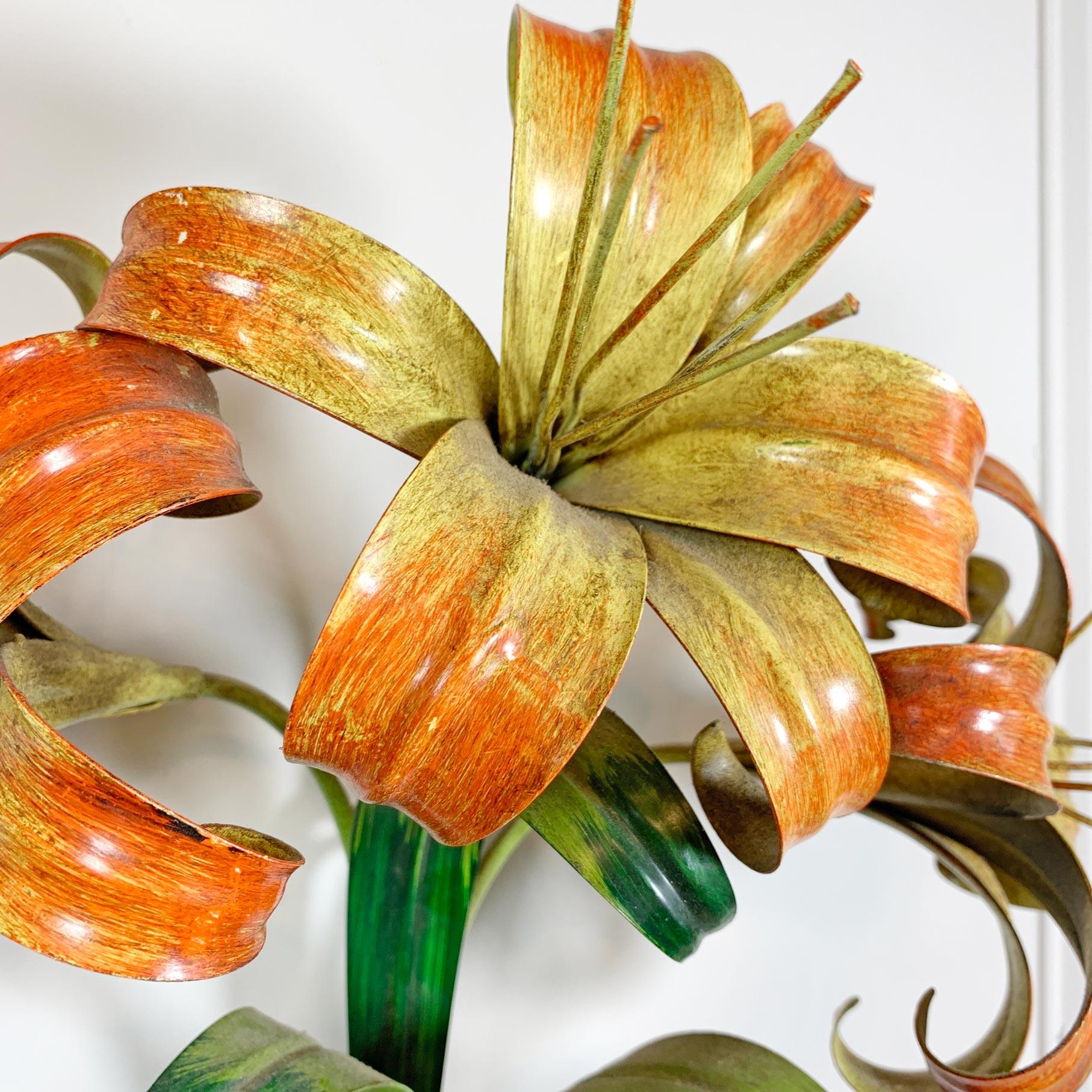Chinoiserie Italian Orange and Yellow Lily Tole Wall Lights, 1970s For Sale
